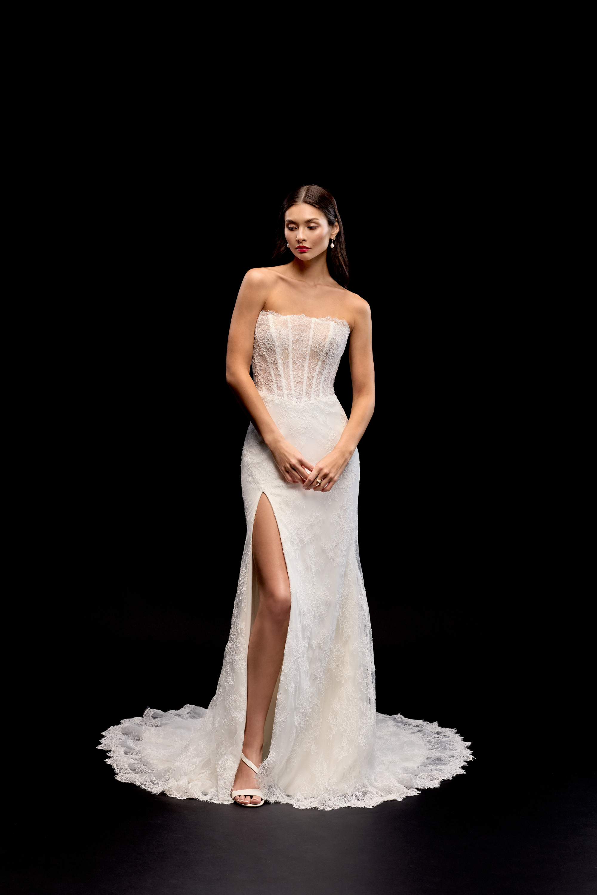 Justin Alexander Signature Style 99347 ZORYA Allover Alençon Lace Fit and Flare Gown with Strapless Neckline