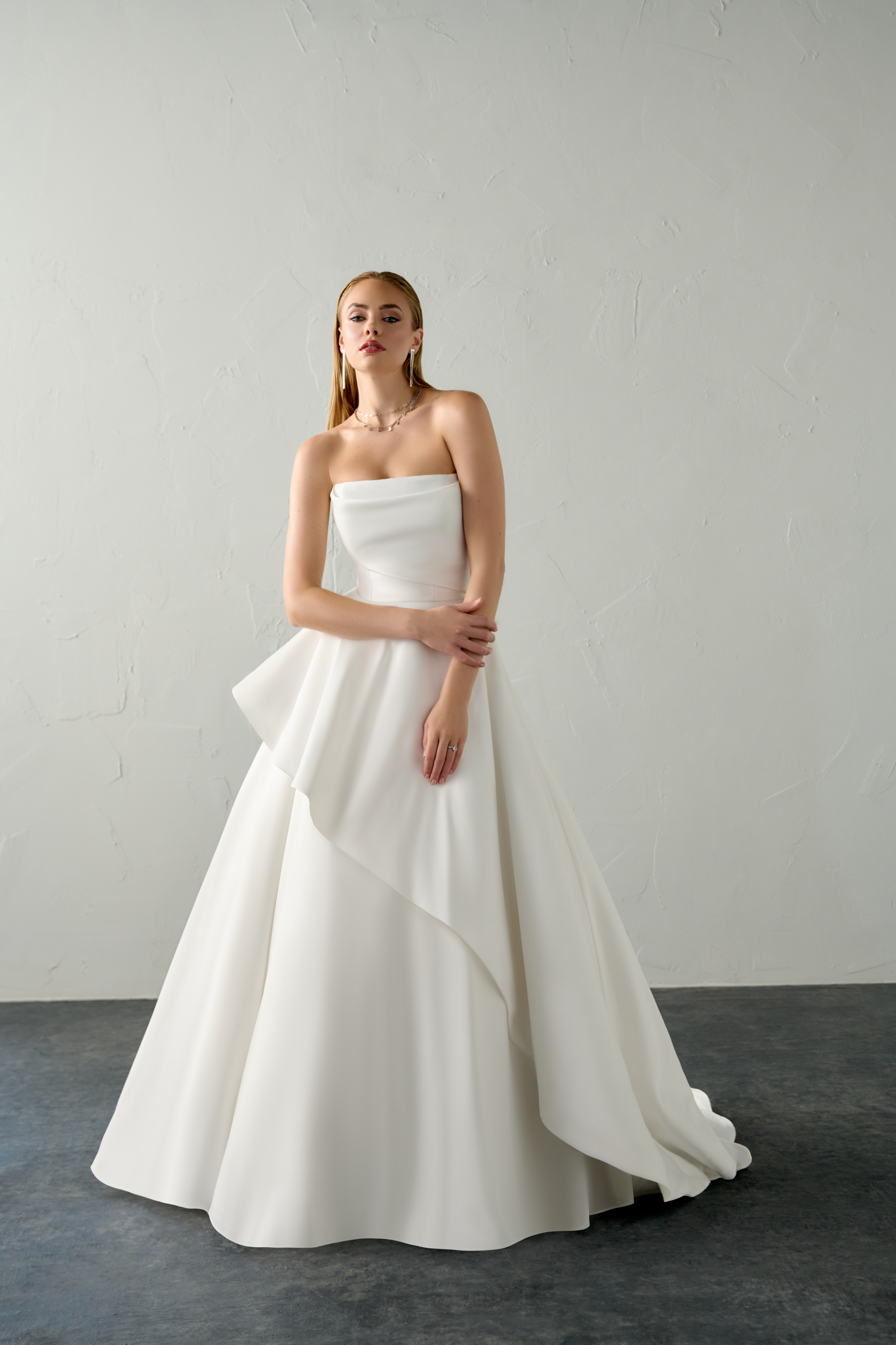 Justin Alexander Signature Style 99385 SWAN Strapless Mikado Ball Gown with Asymmetrical Ruffled Skirt