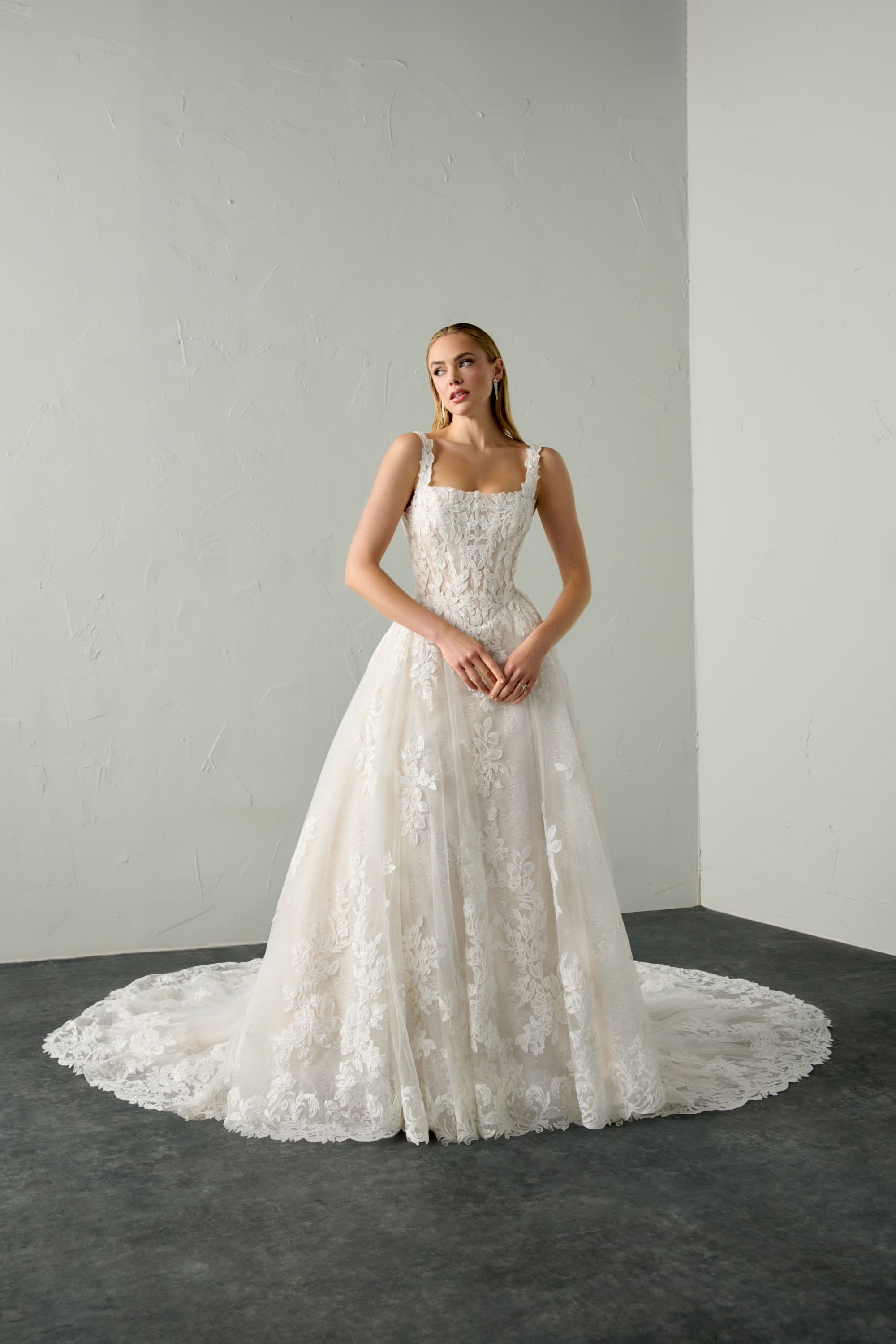 Justin Alexander Signature Style 99394 NOOR Sparkling Lace Ball Gown with Square Neckline and Basque Waistline