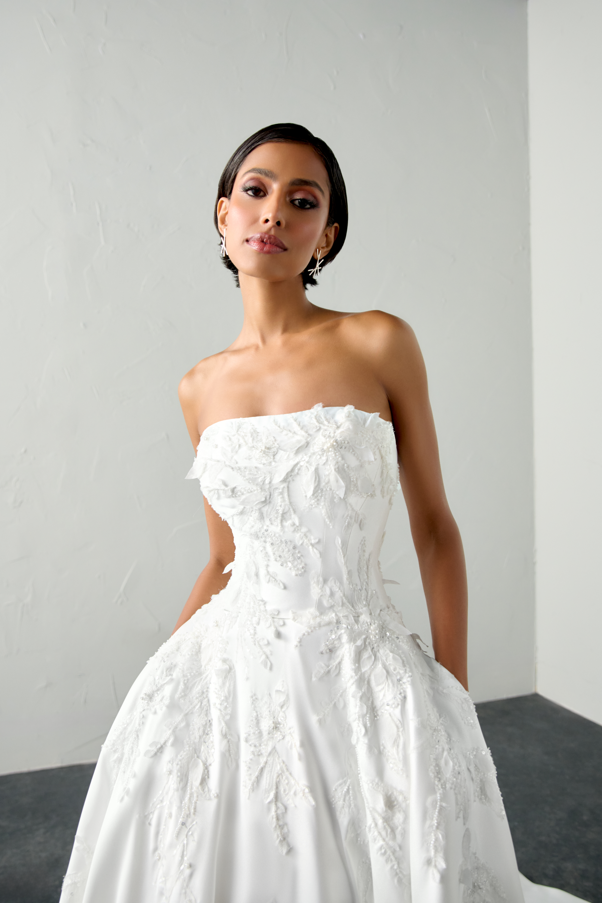 Justin Alexander Signature Style 99396 RUSH Strapless Stretch Mikado A-Line Gown with Sparkling Floral Appliqués