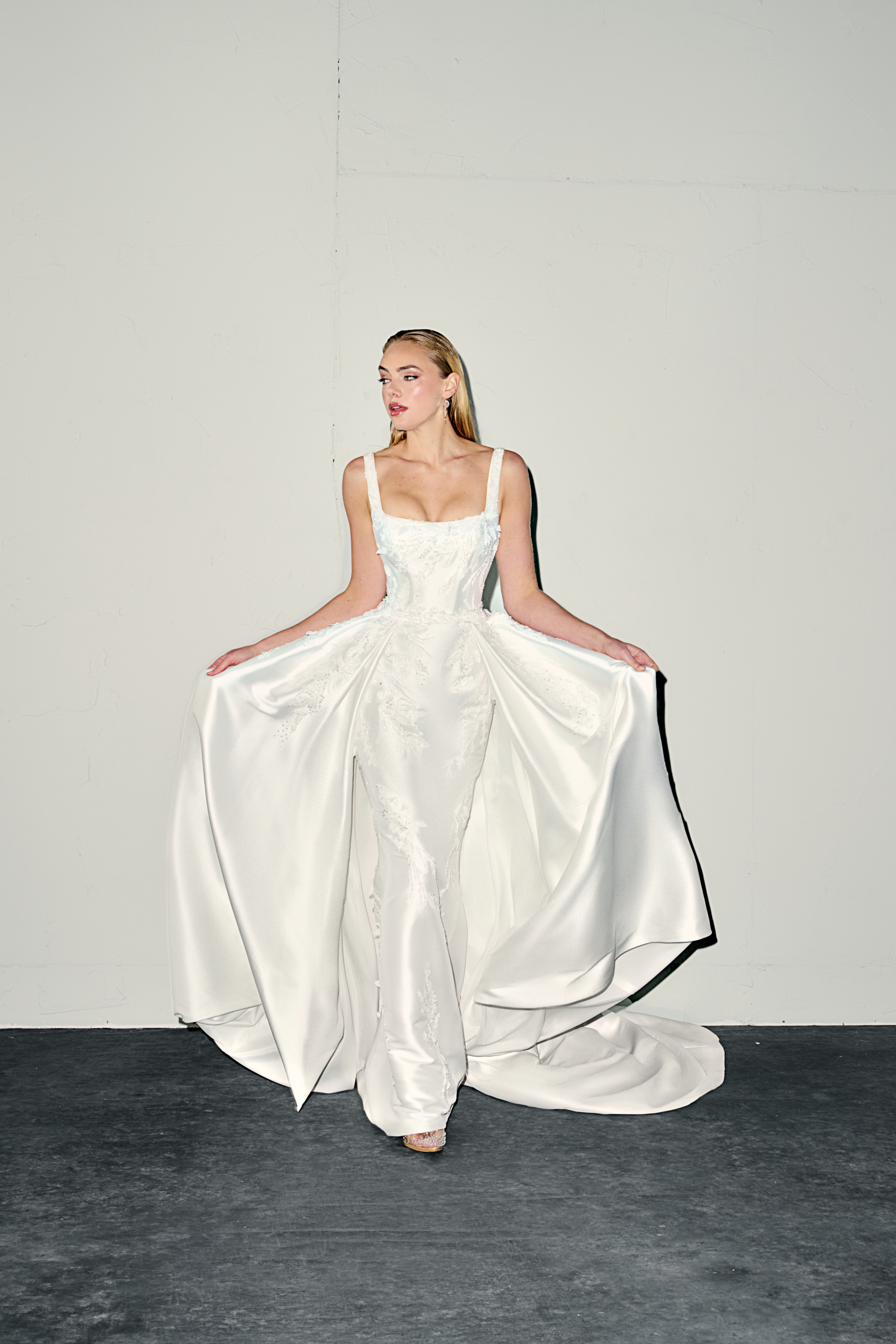 Justin Alexander Signature Style 99397DT CARYS TRAIN Stretch Mikado Detachable Train with Box Pleating and Lace Appliqués