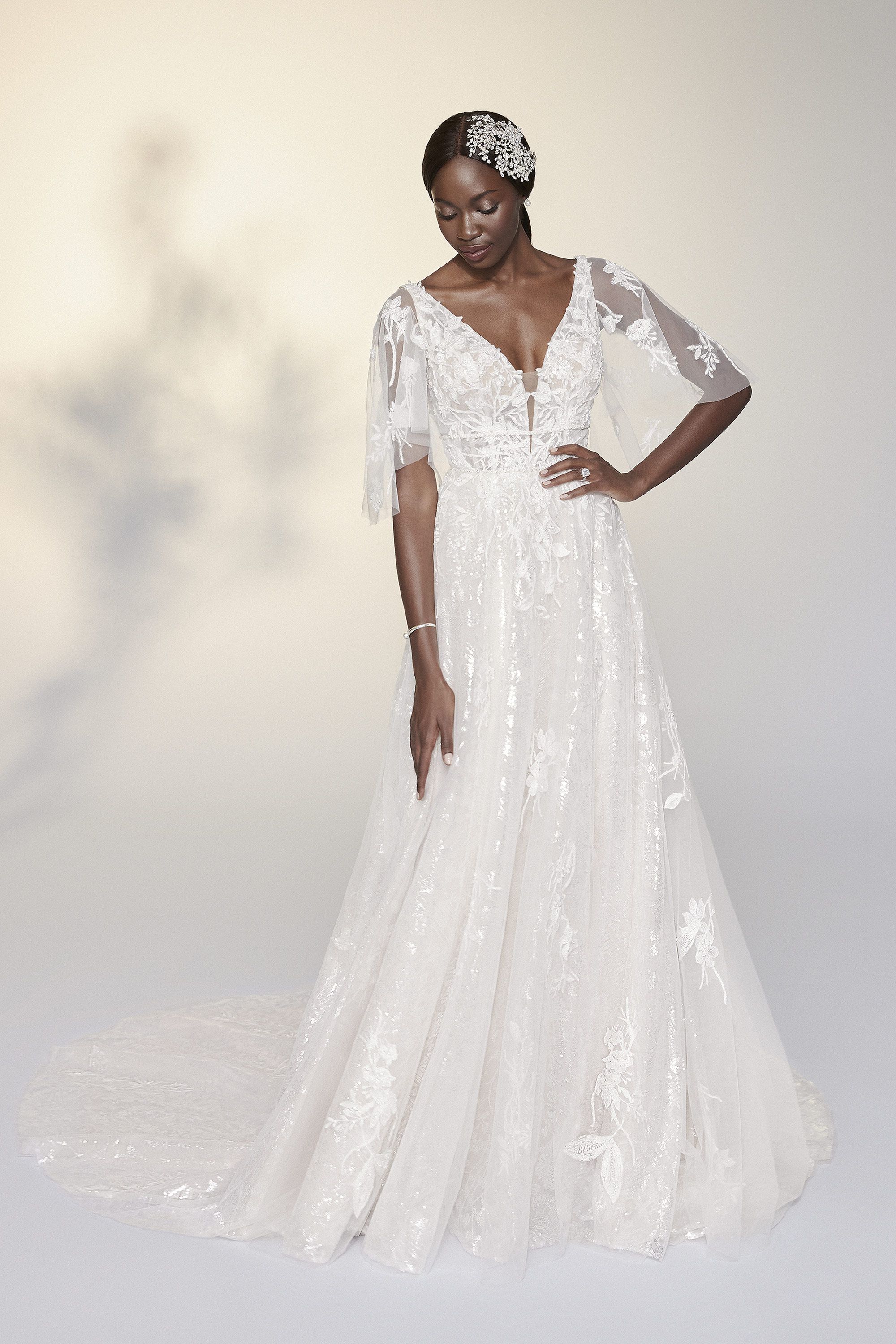 YVONNE: Plunging V-Neck A-Line Gown with Sequined Underlay