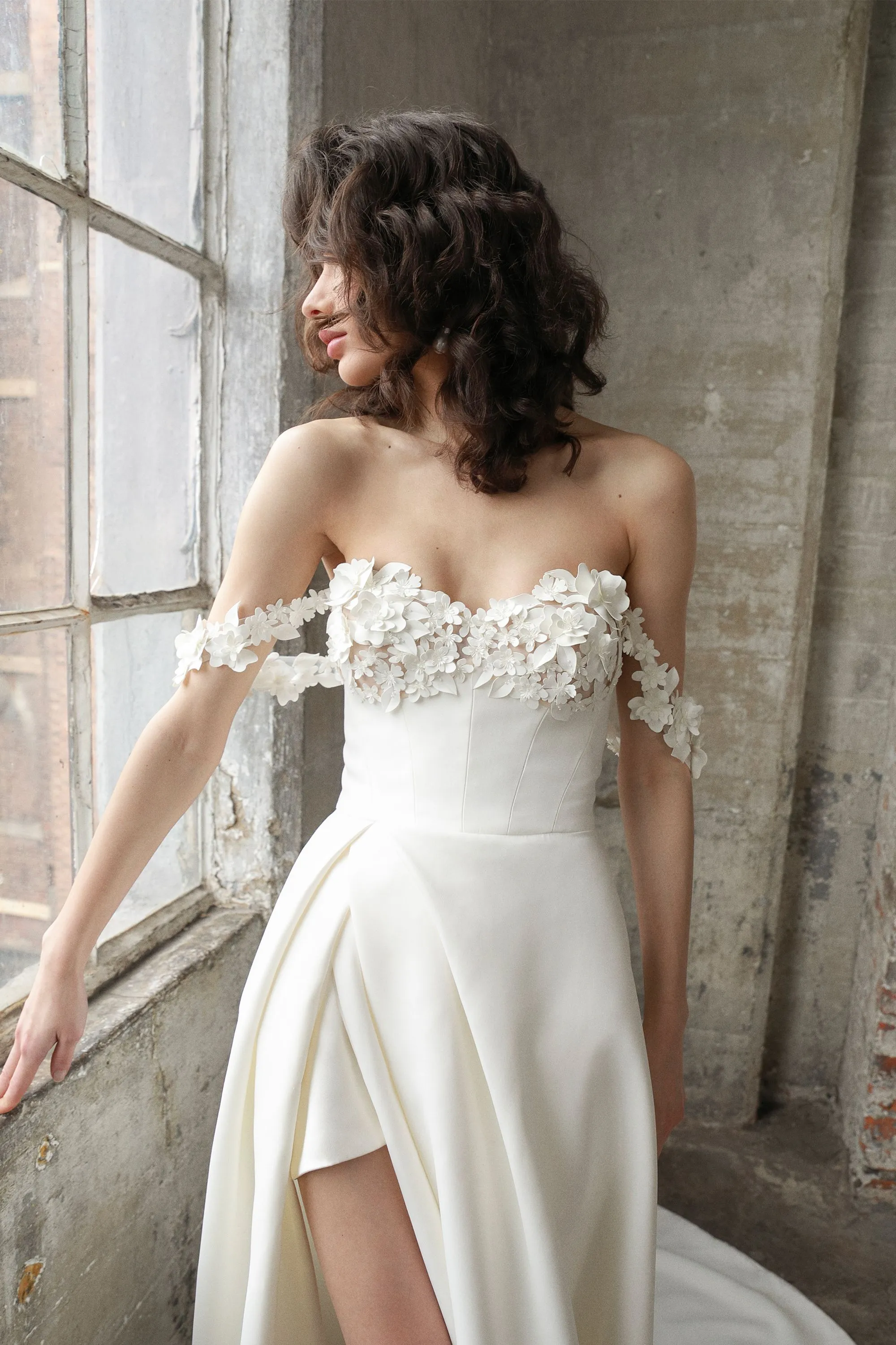 Justin Alexander Signature Style 99233 Bobbie Satin A-Line Wedding Gown with 3D Laser Cut Flowers and Slit