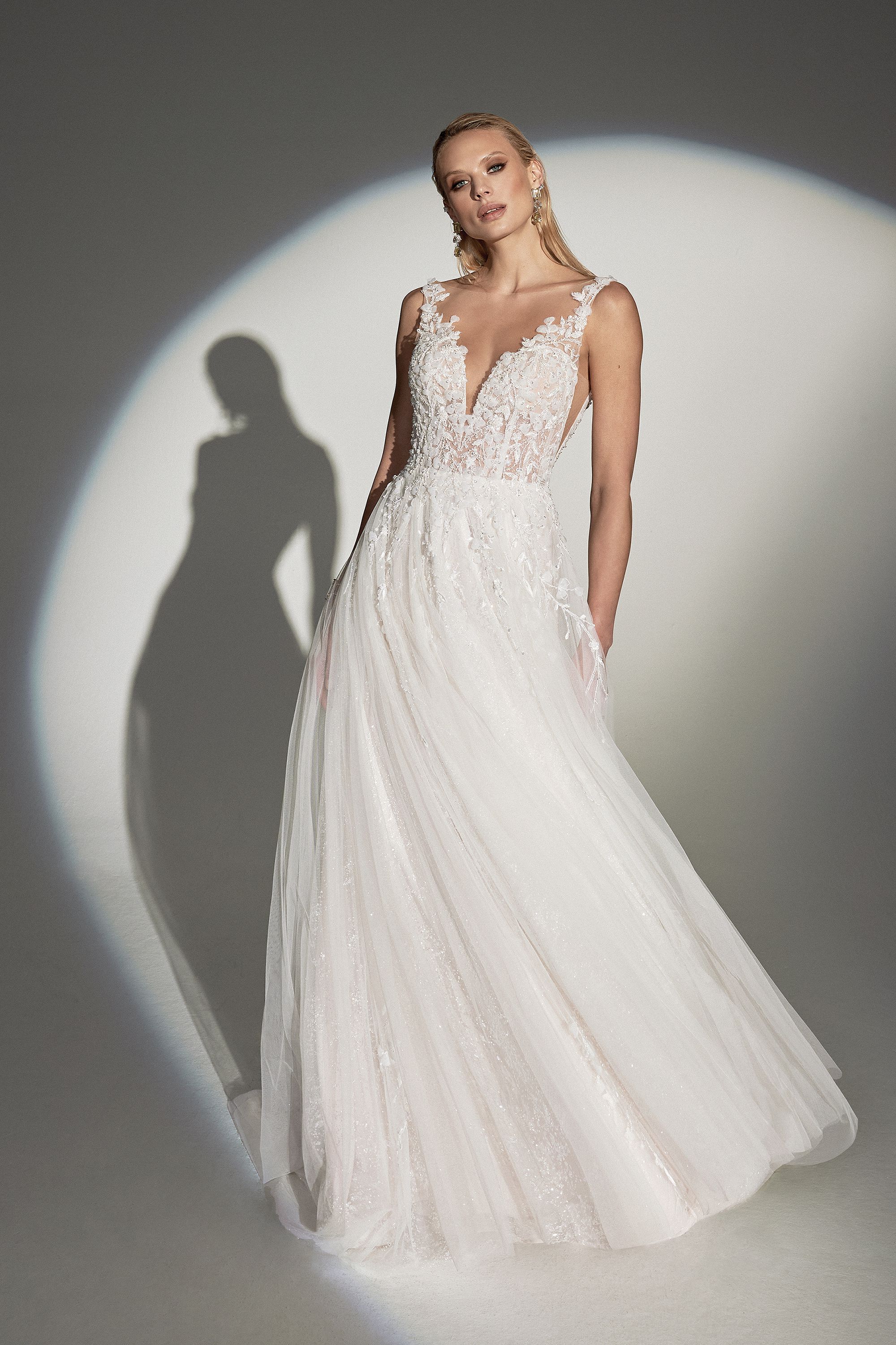Justin Alexander Signature Style 99245 Gussie Beaded Tulle A-Line Wedding Gown with Illusion Sabrina Neckline