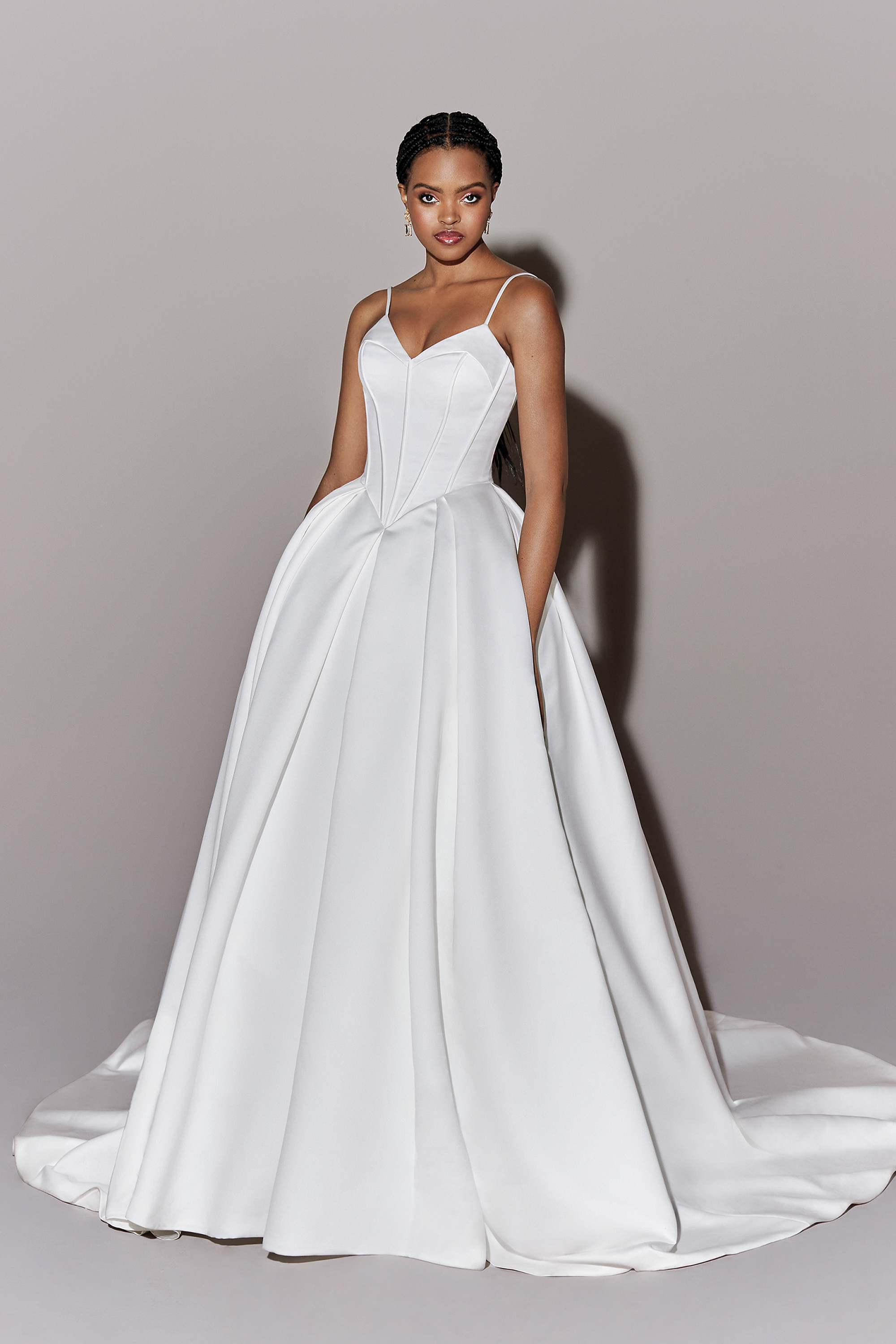 Justin Alexander Signature Style 99288 Xanadu Luxe Satin Ball Gown with Basque Waist and Pockets