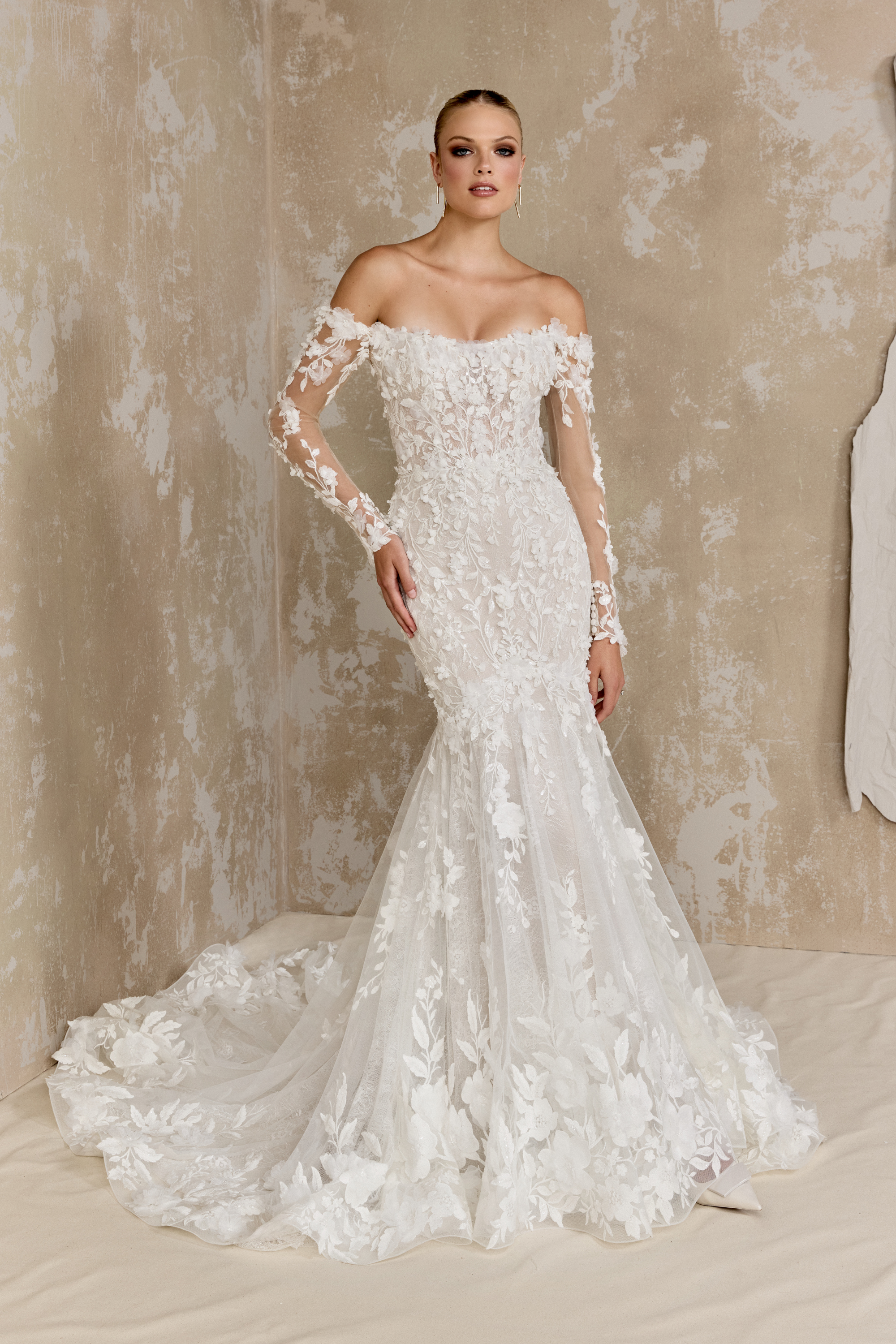 Justin Alexander Signature Style 99318 Hughes Allover Lace Trumpet Gown with Off-The-Shoulder Neckline