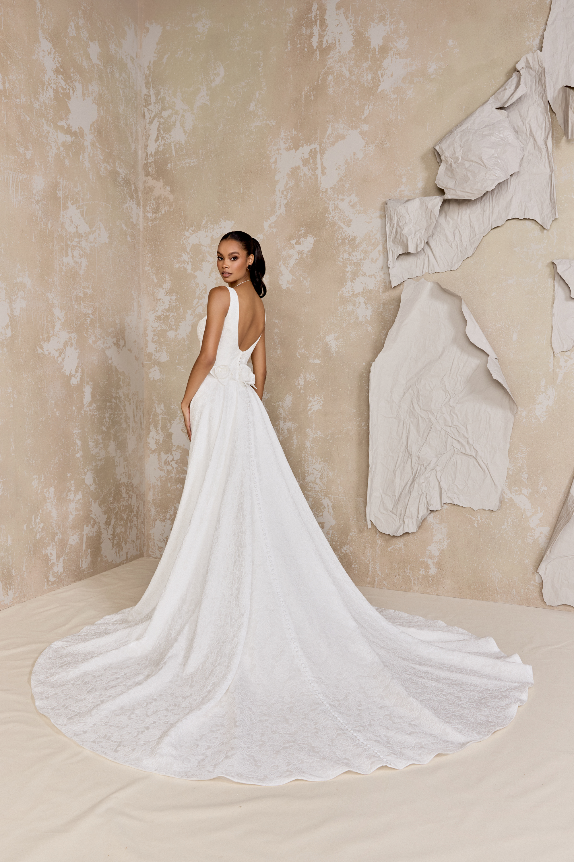 Justin Alexander Signature Style 99321 Bradstreet Brocade Fit and Flare Gown with V-Neckline and Scoop Back