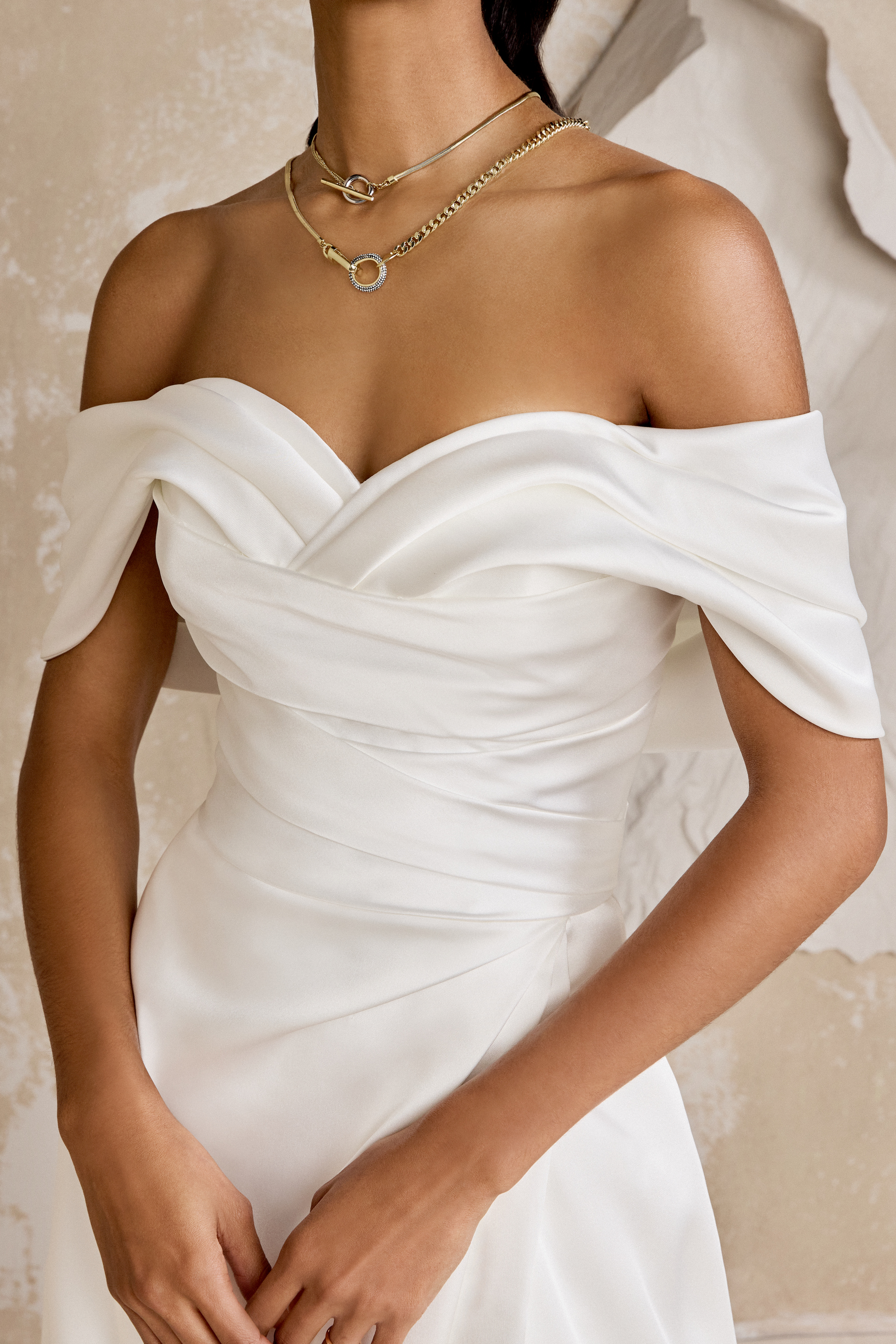 Justin Alexander Signature Style 99322 Sexton Charmeuse A-Line Gown with Dramatic Off-The- Shoulder Neckline