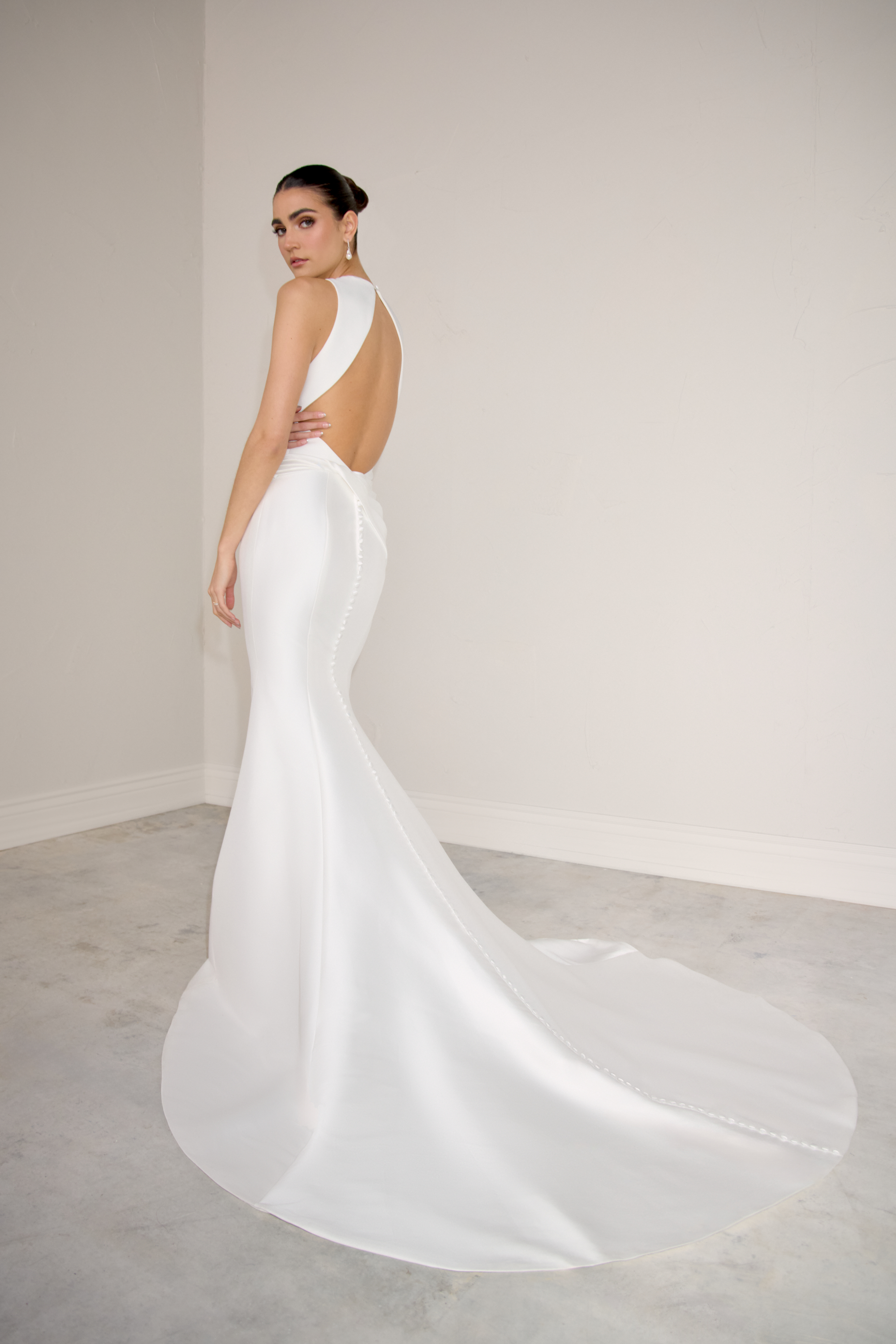 Justin Alexander Signature Style 99355 ISOLDE Mikado Fit and Flare Gown with High Jewel Neckline and Keyhole Back
