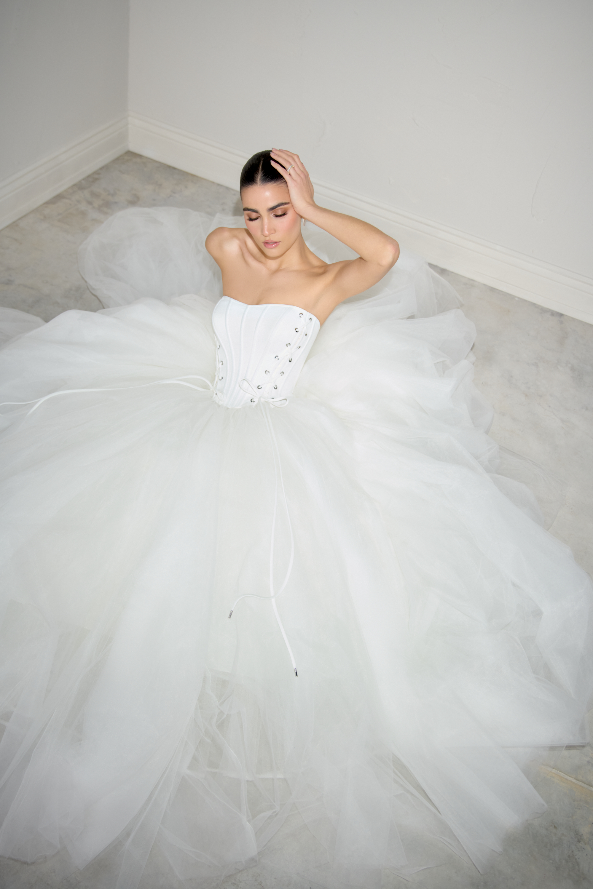 Justin Alexander Signature Style 99356 LYNX Basque Waist Tulle Ball Gown with Front Corset Ties