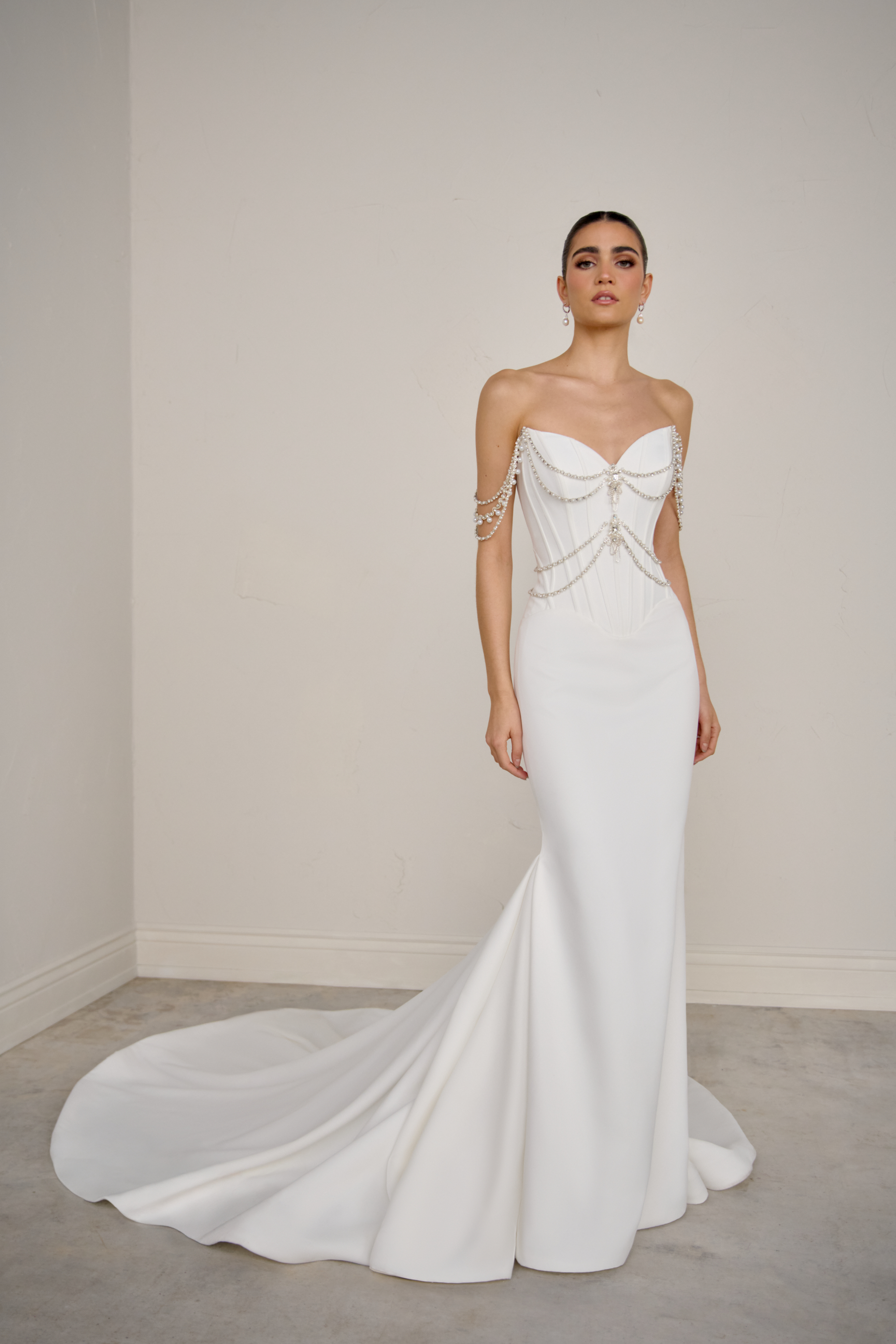 Justin Alexander Signature Style 99357 SCULPTURA Matte Satin Fit & Flare Gown with Draped Beading & Corset Boning