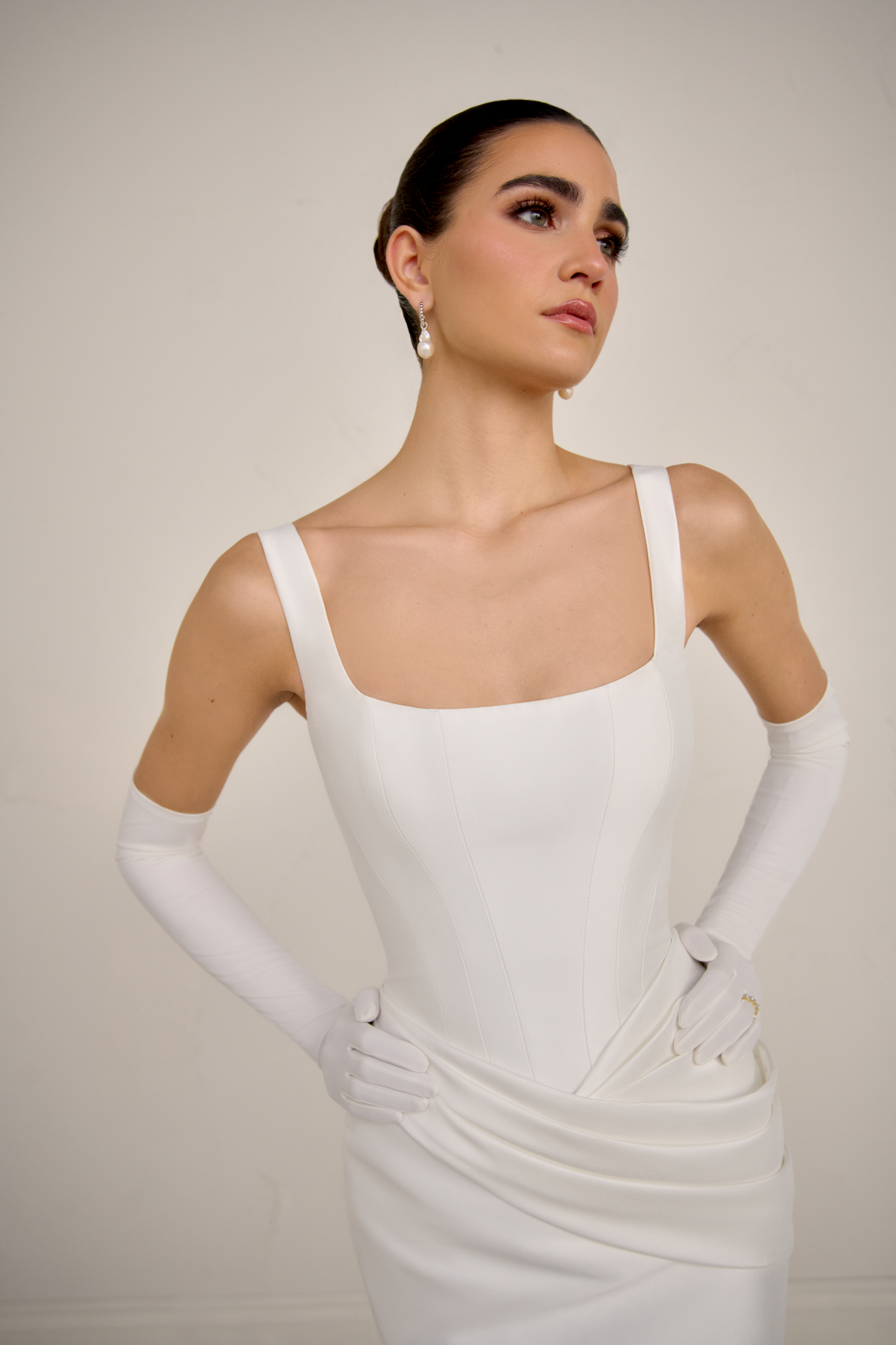 Justin Alexander Signature Style 99361 EVOQUE Mikado Fit & Flare Gown with Basque Waist and Asymmetrical Hip Draping