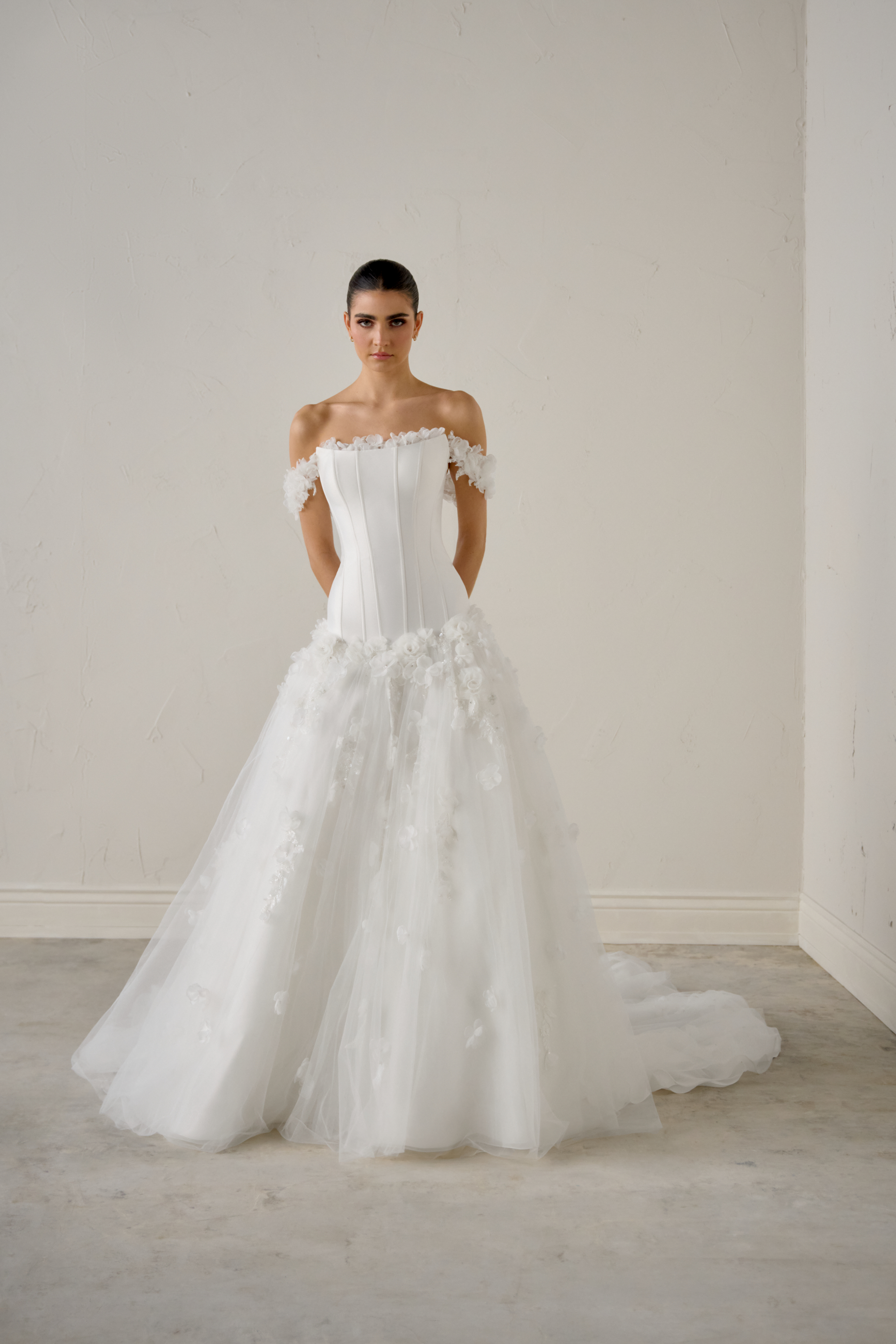 Justin Alexander Signature Style 99364SL ASTRA SLEEVES 3D Floral and Beaded Off-The-Shoulder Straps
