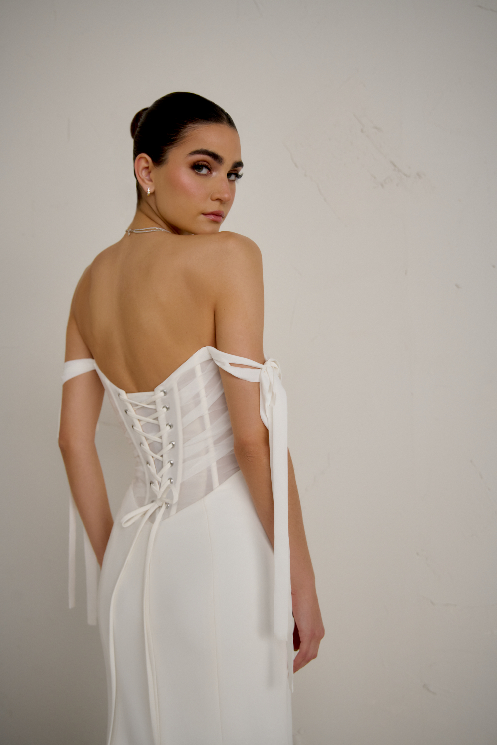 Justin Alexander Signature Style 99366 CADENZA Crepe Fit and Flare Gown with Off-The-Shoulder Straps and Sheer Bodice