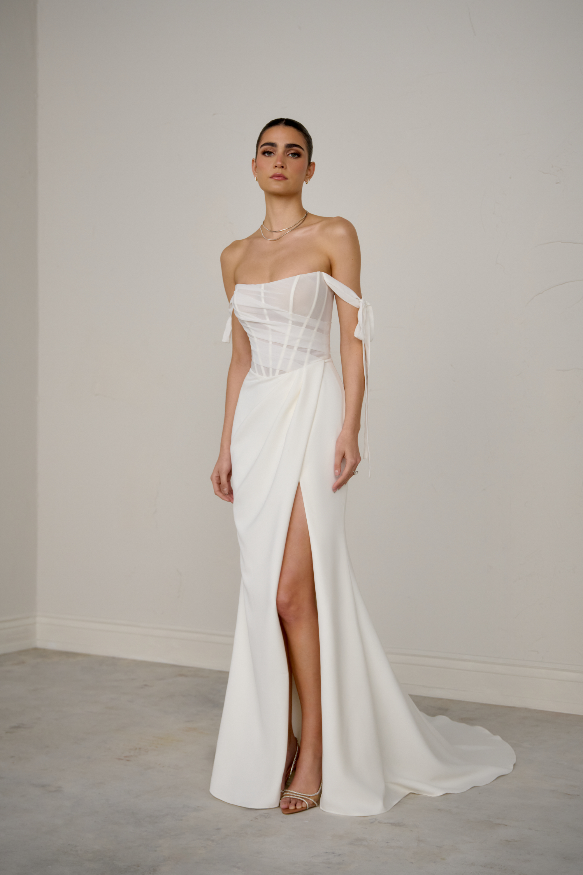 Justin Alexander Signature Style 99366 CADENZA Crepe Fit and Flare Gown with Off-The-Shoulder Straps and Sheer Bodice