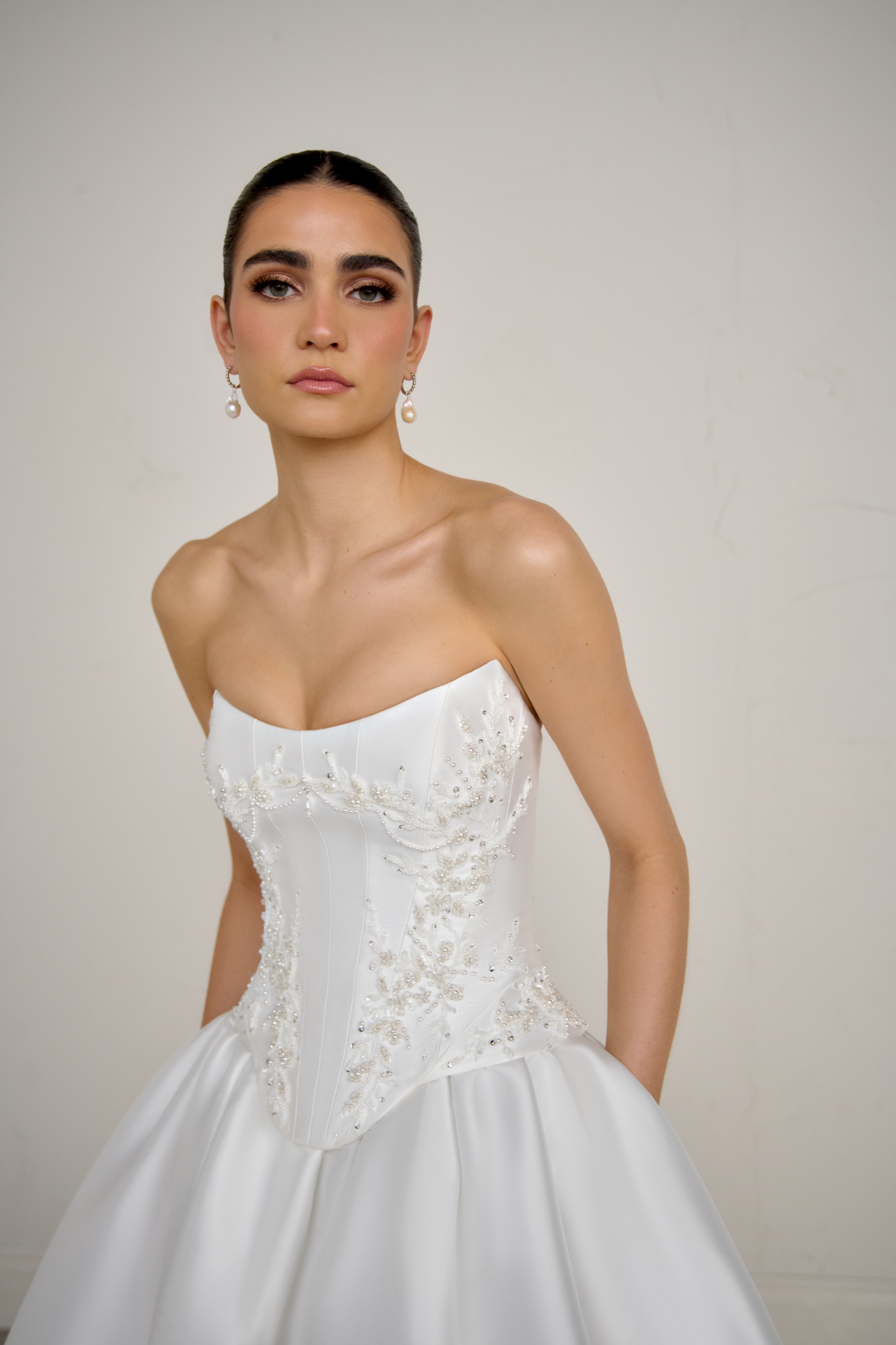 Justin Alexander Signature Style 99367 SOLARA Mikado Ball Gown with Beaded Corset Bodice and Basque Waist
