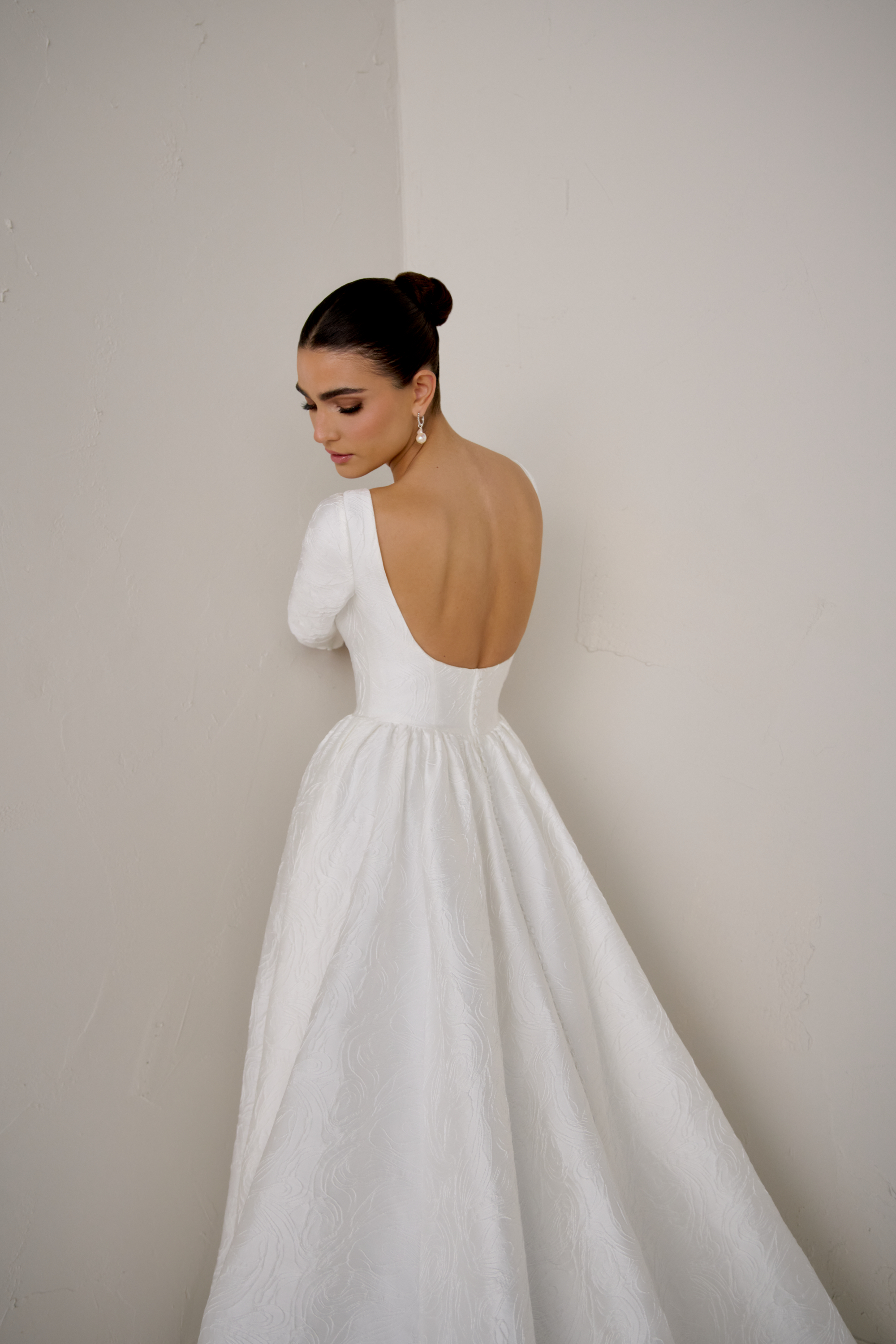 Justin Alexander Signature Style 99368 CALISTA Brocade A-Line Gown with Sabrina Neckline, Long Sleeves and Open Back