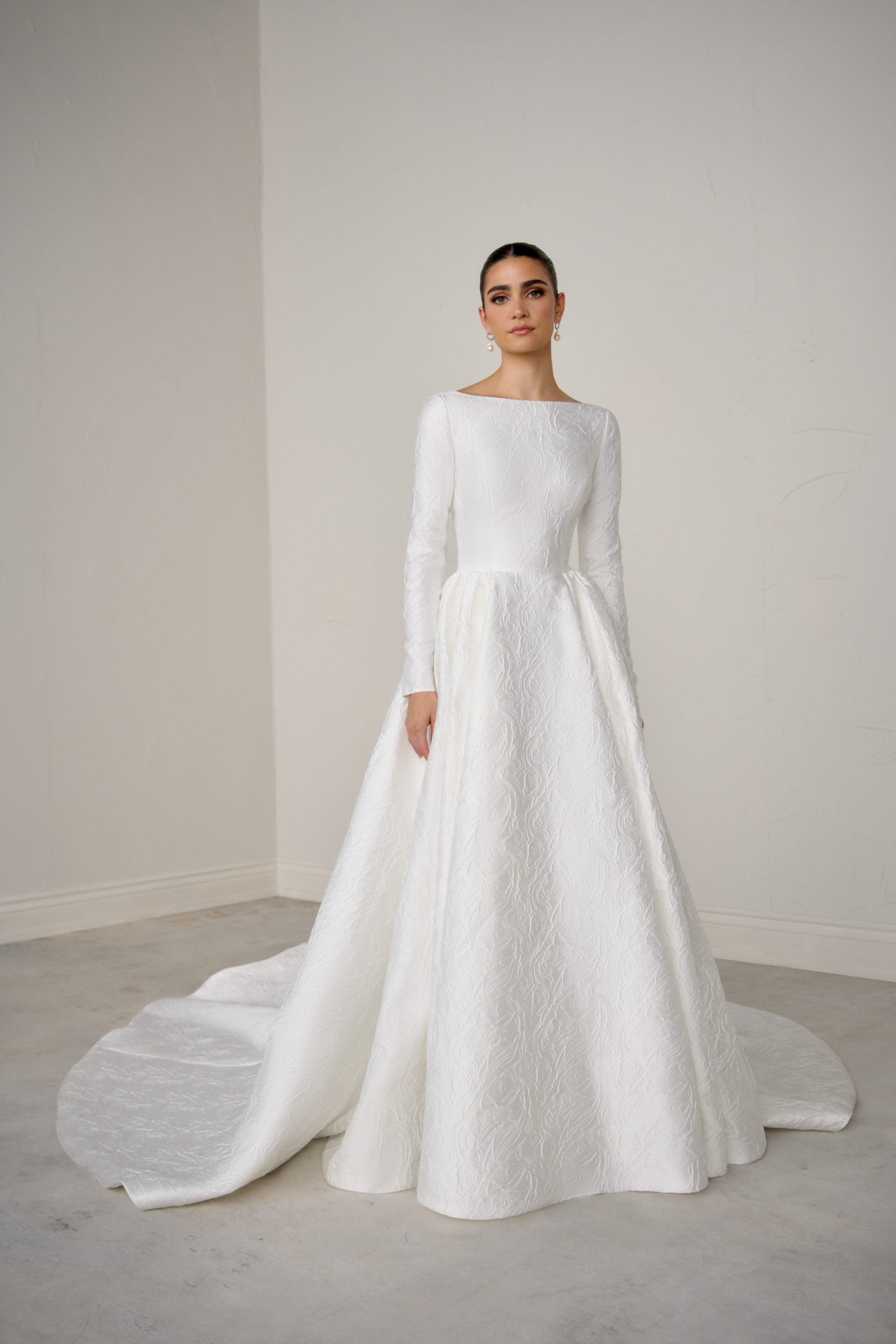 Justin Alexander Signature Style 99368 CALISTA Brocade A-Line Gown with Sabrina Neckline, Long Sleeves and Open Back
