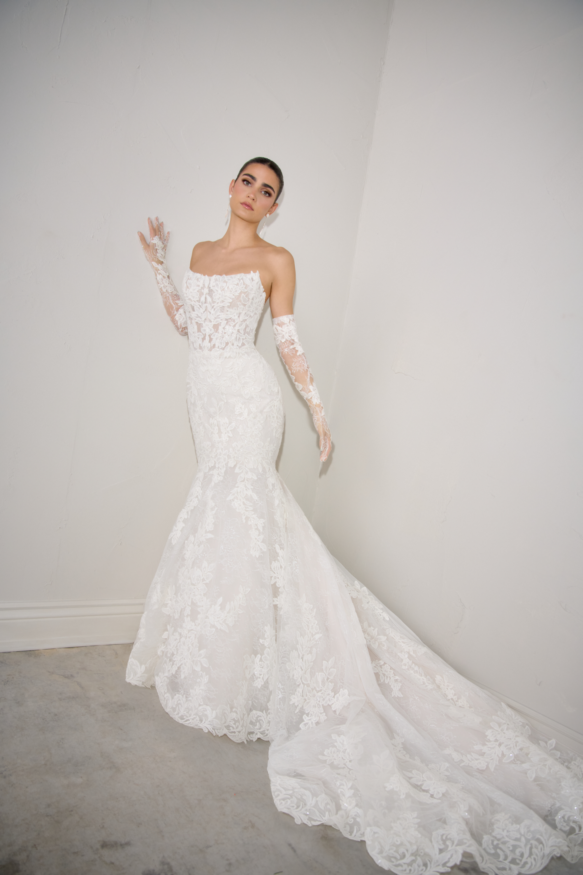 Justin Alexander Signature Style 99369 AURELINE Allover Lace Mermaid Gown with Sheer Bodice and Exposed Boning