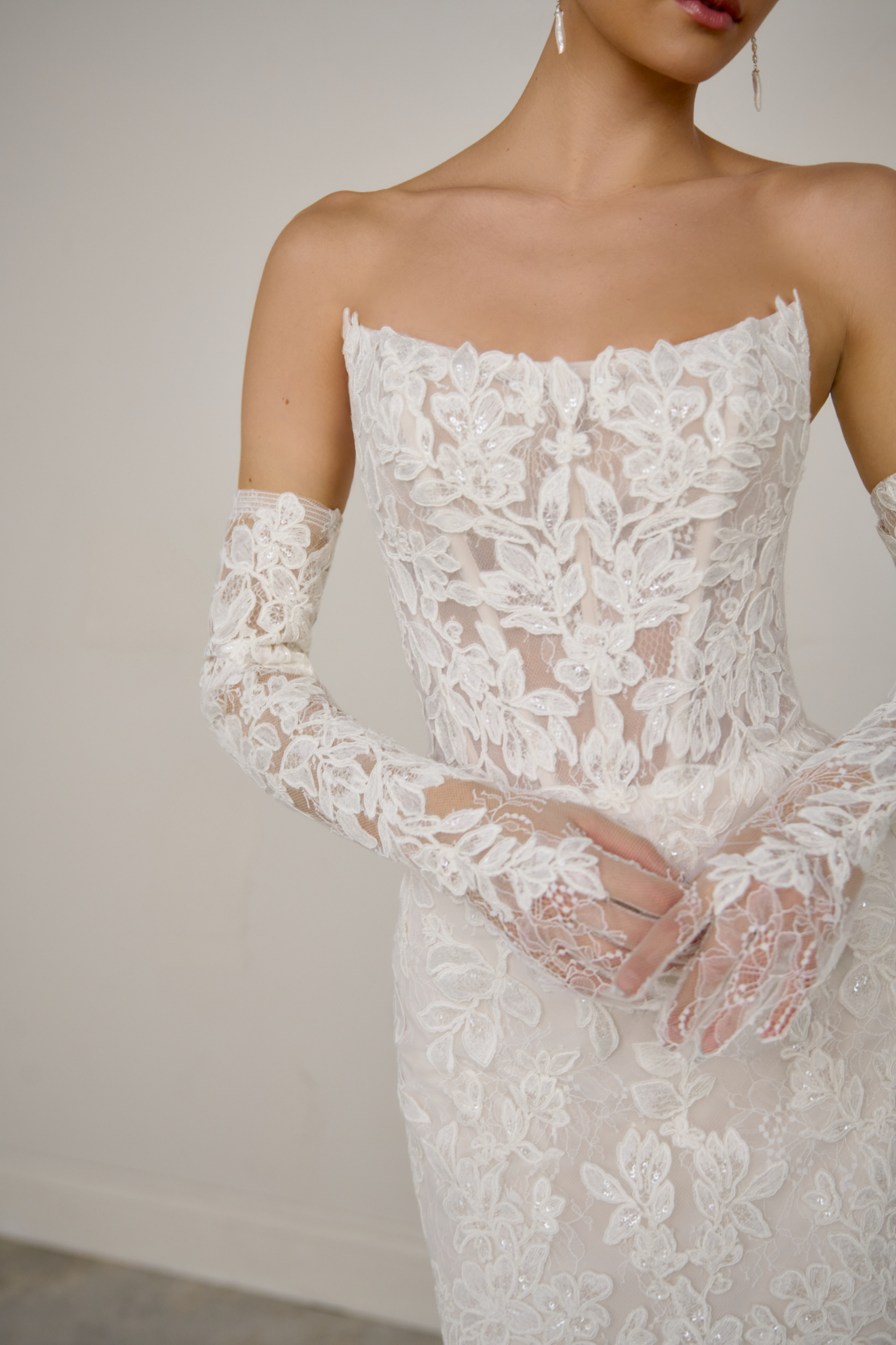 Justin Alexander Signature Style 99369G AURELINE GLOVES Chantilly Lace Gloves with Corded Sequin Lace Floral Appliqués