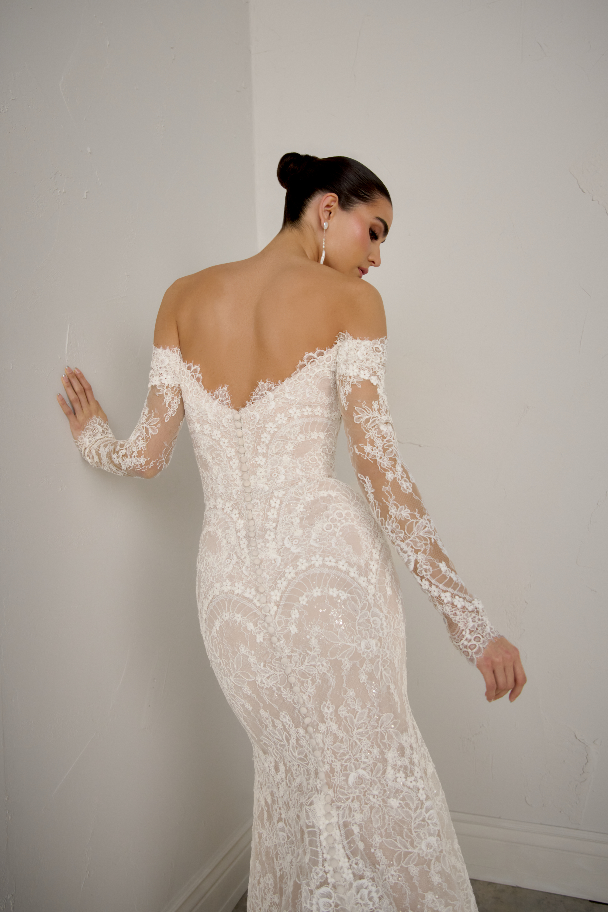 Justin Alexander Signature Style 99370 ELARA Lace Fit & Flare Dress with Sweetheart Off-Shoulder Long Sleeves.