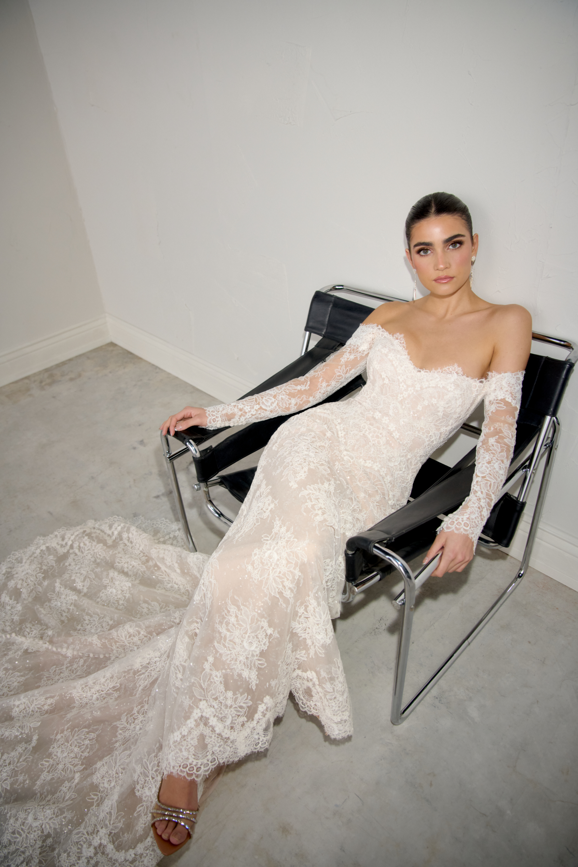 Justin Alexander Signature Style 99370 ELARA Lace Fit & Flare Dress with Sweetheart Off-Shoulder Long Sleeves.