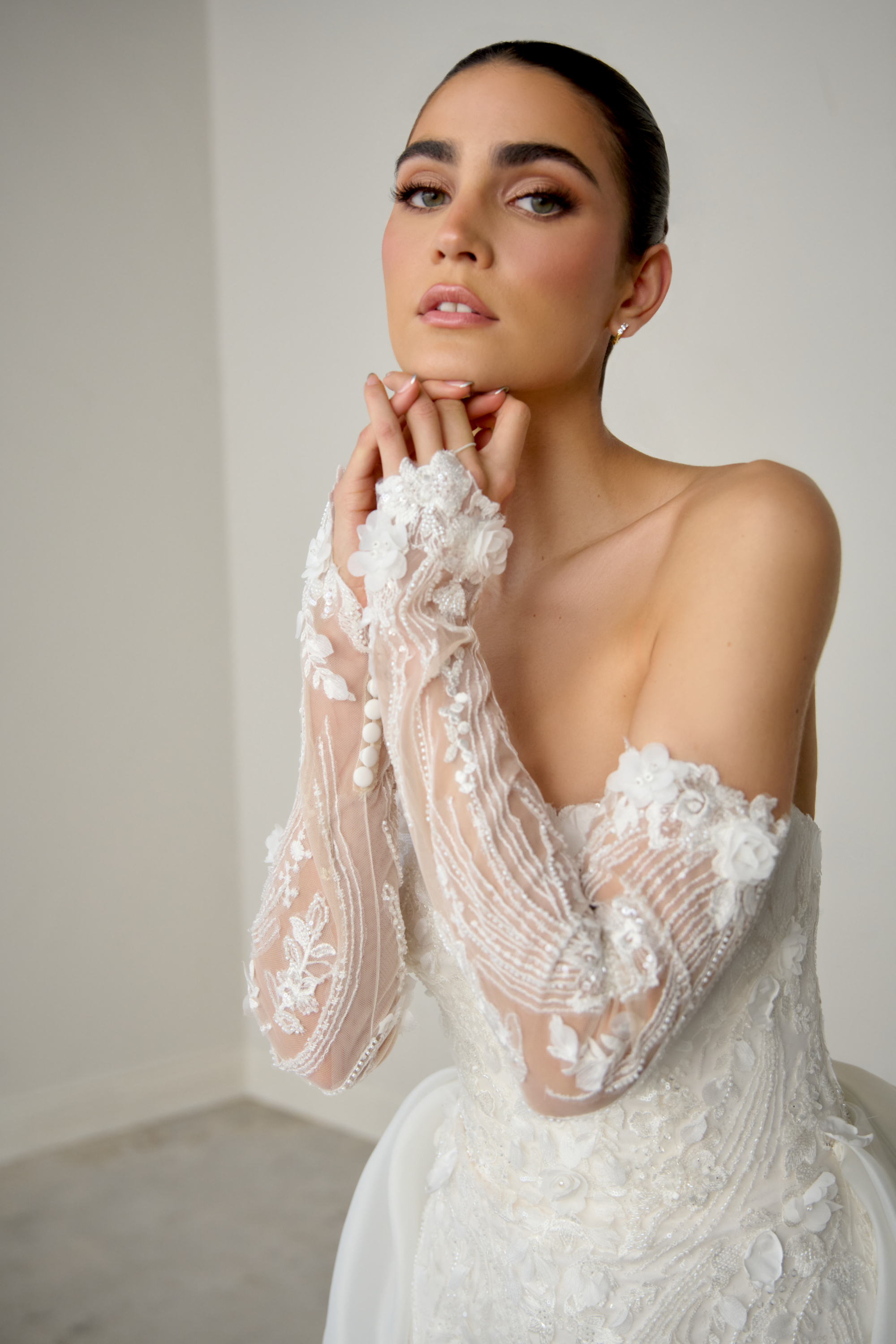 Justin Alexander Signature Style 99373SL OPHELIA SLEEVES Detachable Off-The-Shoulder Gauntlet Sleeves with Lace Embroidery