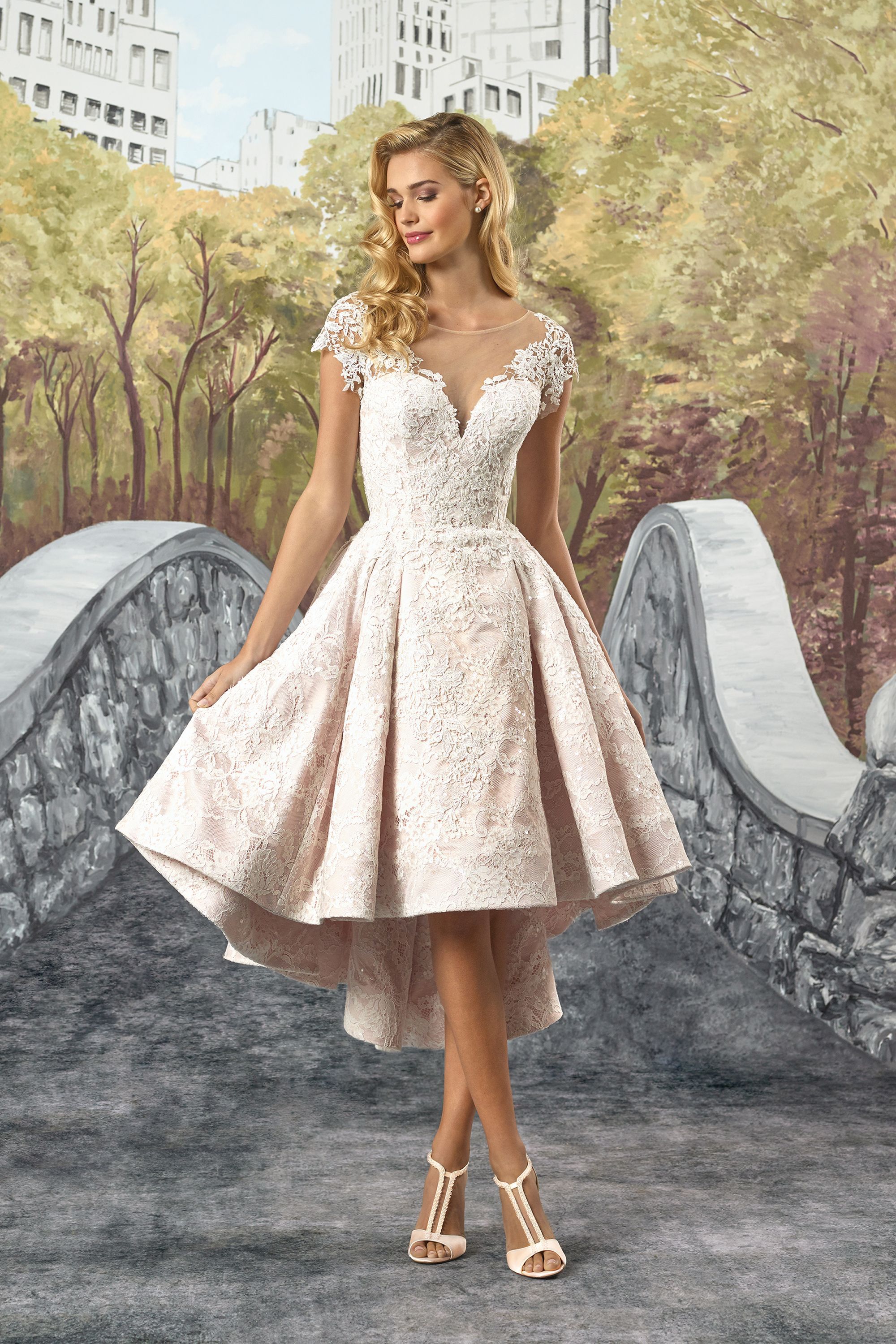 8910: Beaded Venice Lace High-Low Tea Length Gown | Justin Alexander