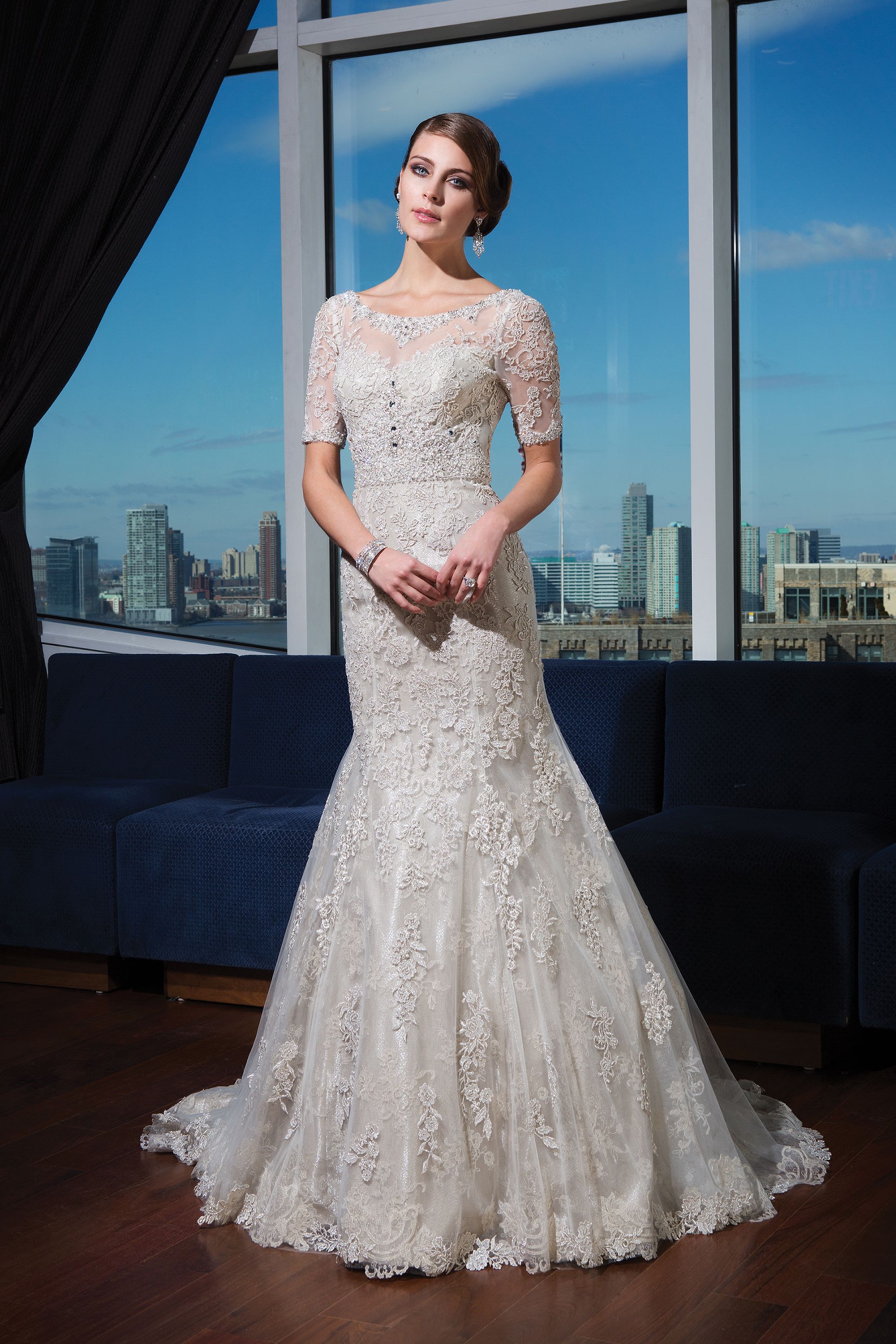 Justin Alexander Signature Style 9730 Beaded lace fit and flare dress accentuated by a Sabrina neckline