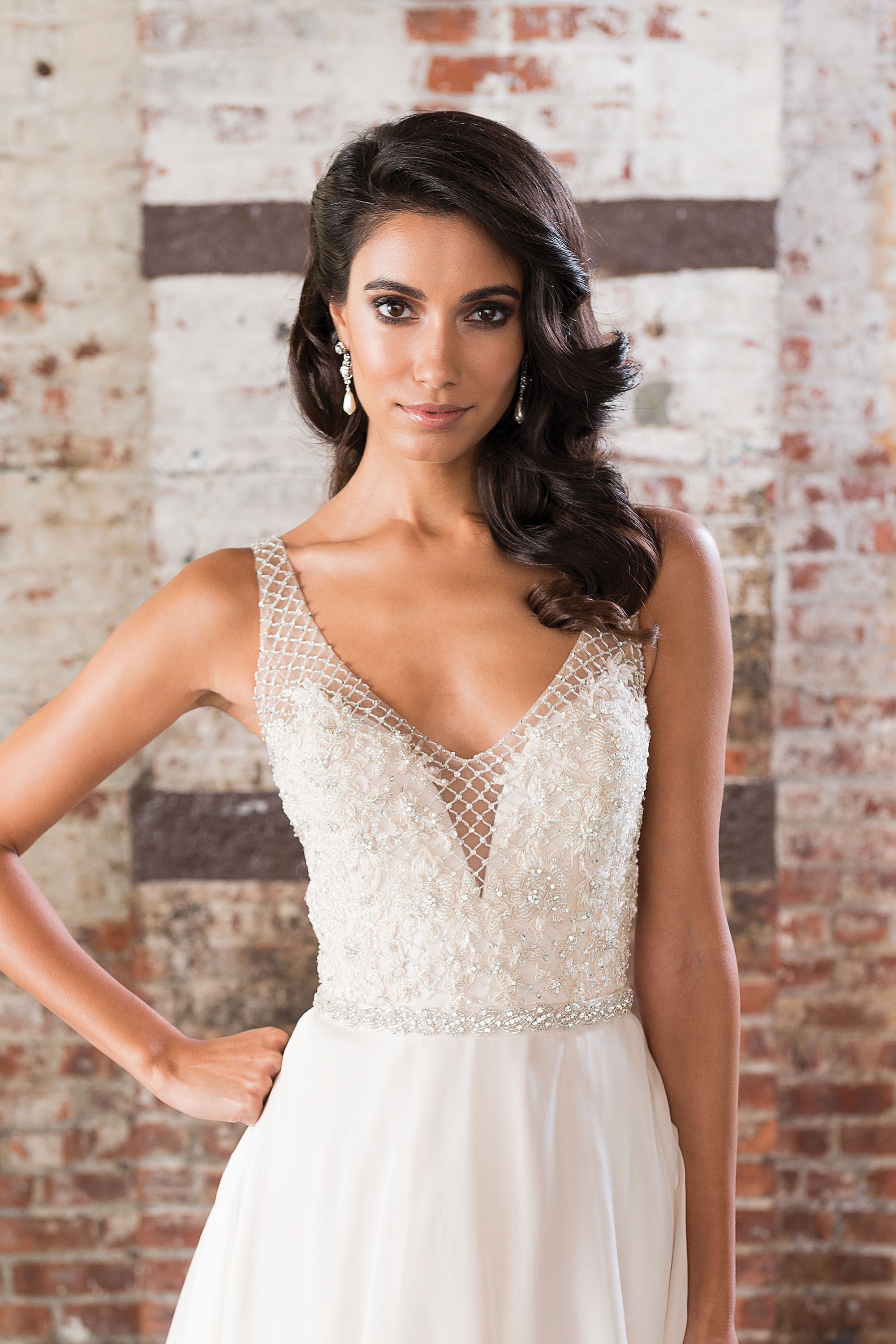 Justin Alexander Signature  Beaded Net over Sweetheart Bodice with Silk Chiffon Skirt