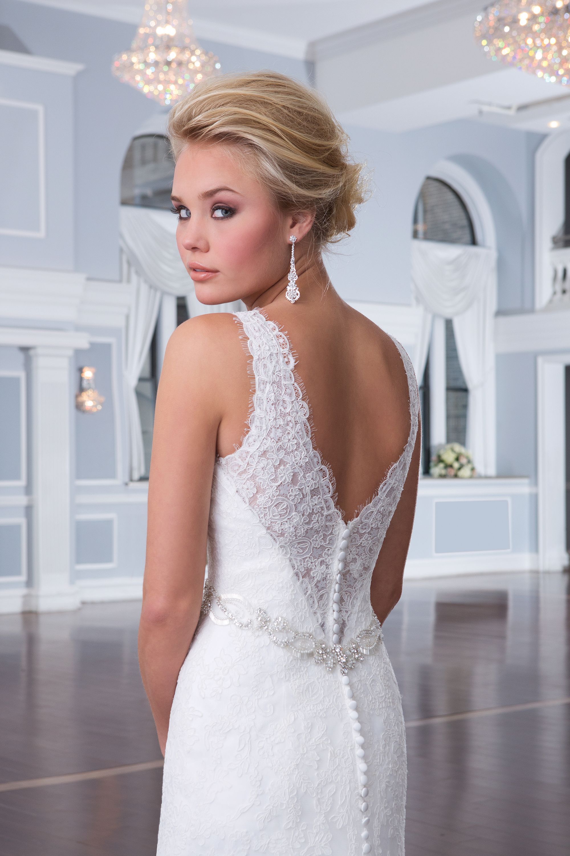 Lillian West Style 6302 Lace Tiered A-Line Dress with V-Neck and Back