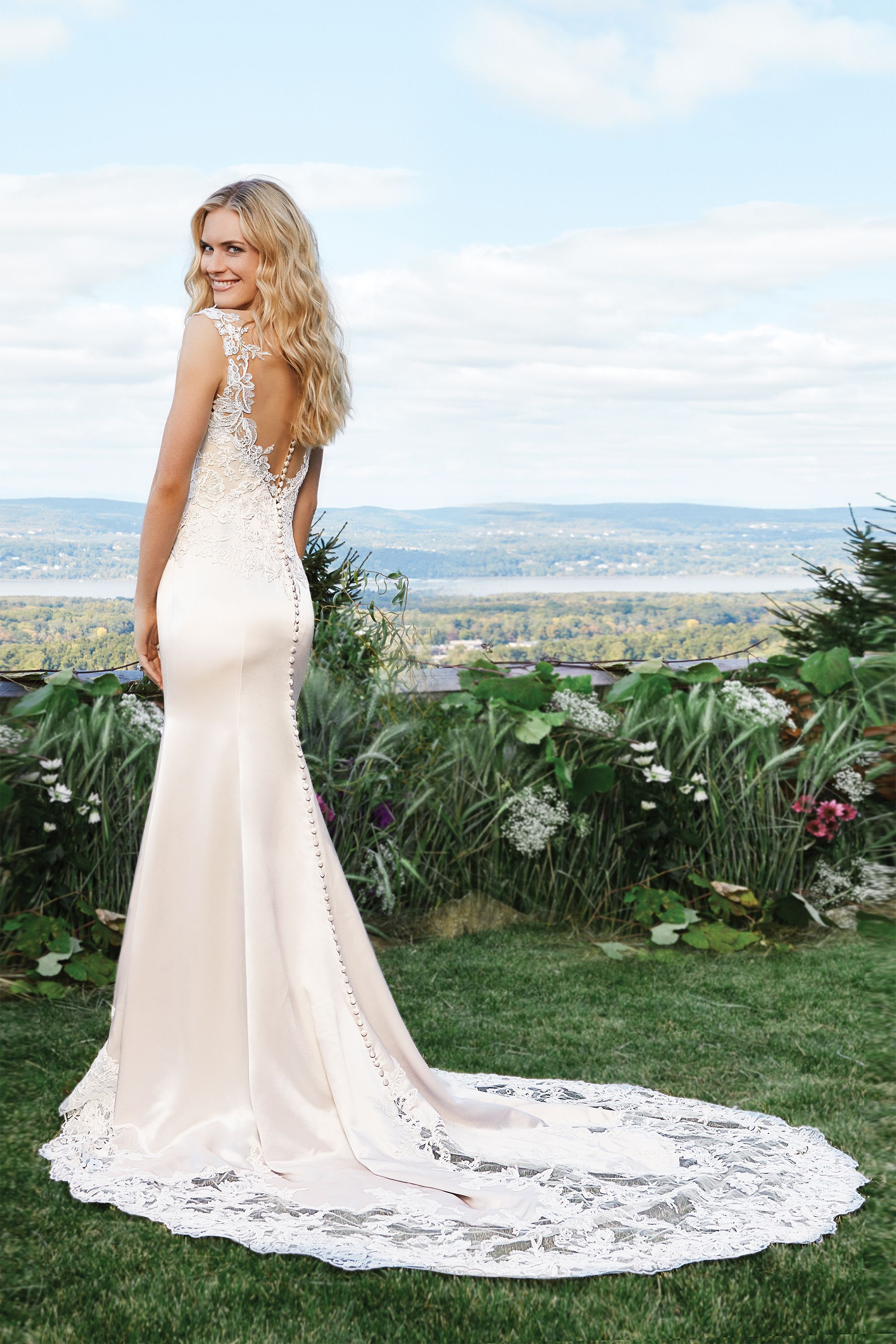 Lillian West Style 6427 Charmeuse Fit and Flare Dress with Lace Bodice and Portrait Neckline