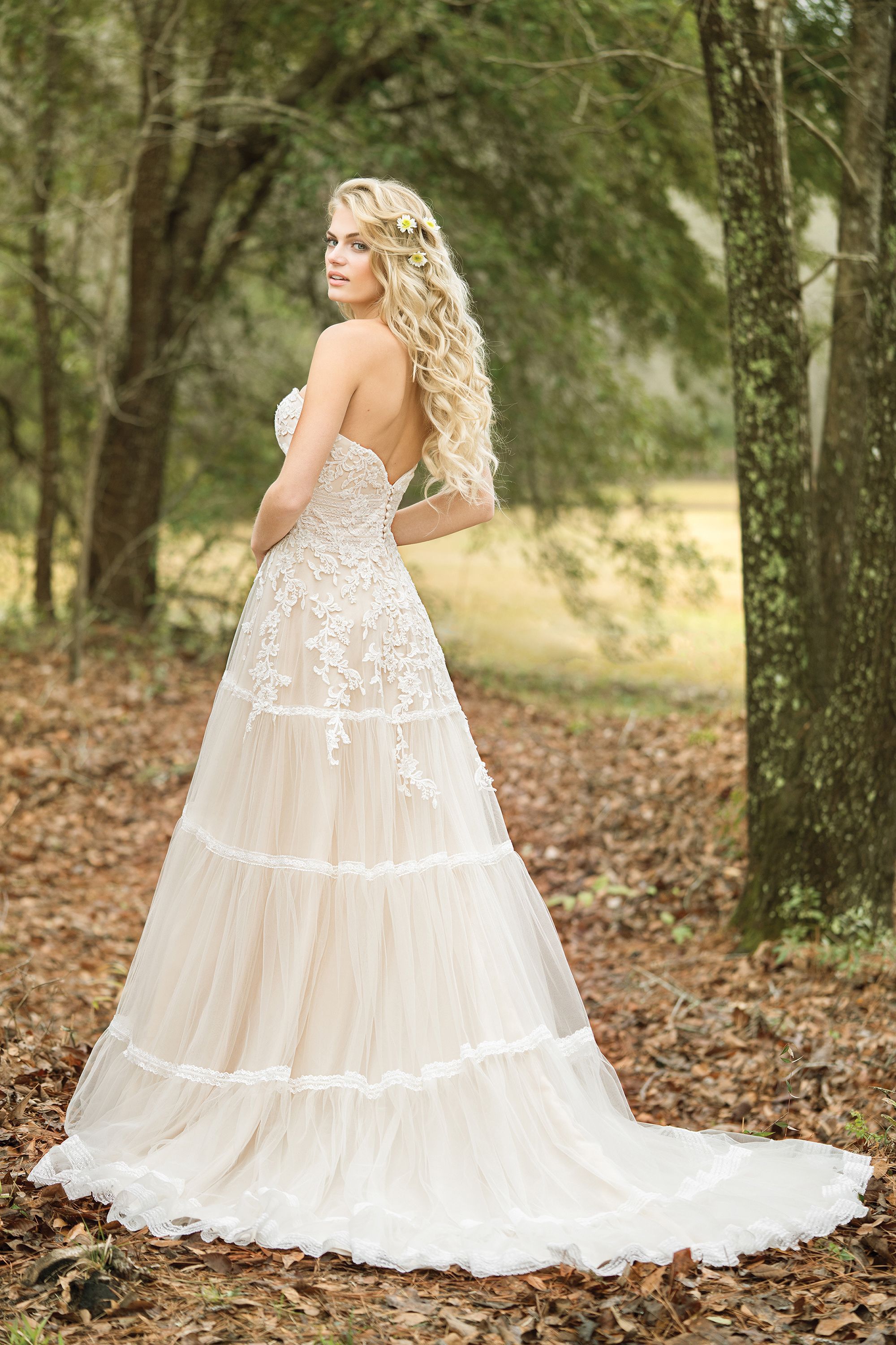 Lillian West Style 6451 Strapless Lace Gown with Lace-Trimmed Tiered Skirt