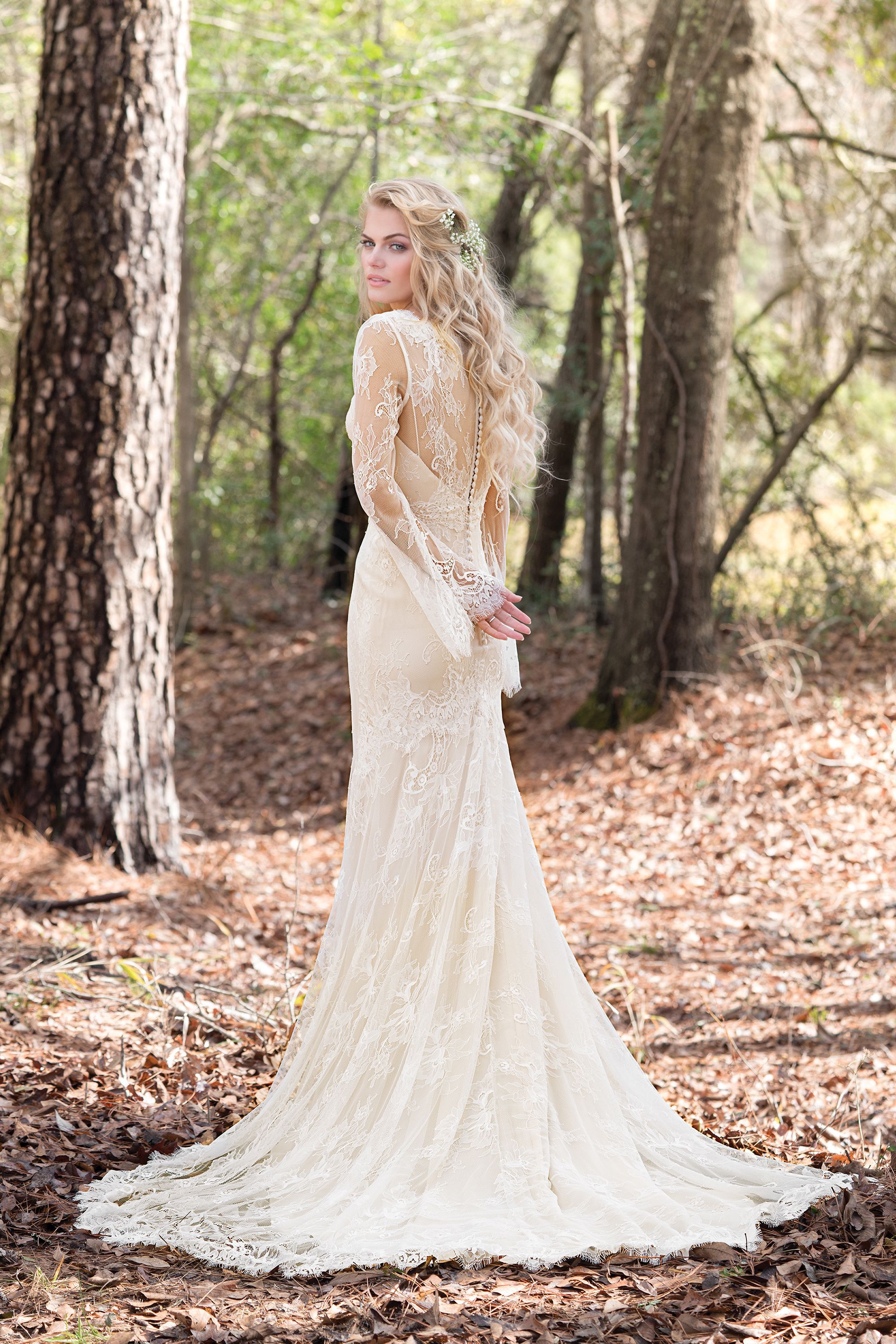 Lillian West Style 6463 V-Neck Allover Lace Gown with Bell Sleeves