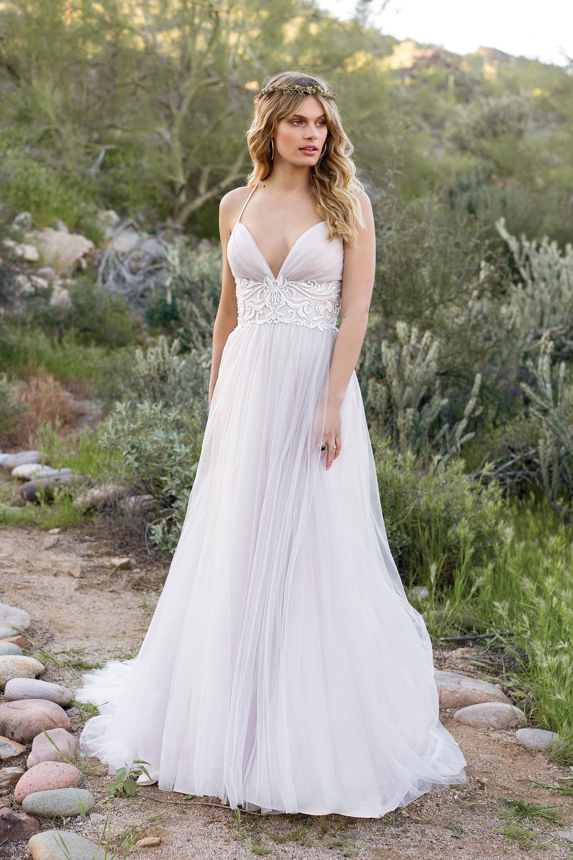 Lillian West Ruched Tulle Dress with Beaded Lace at Empire Waist