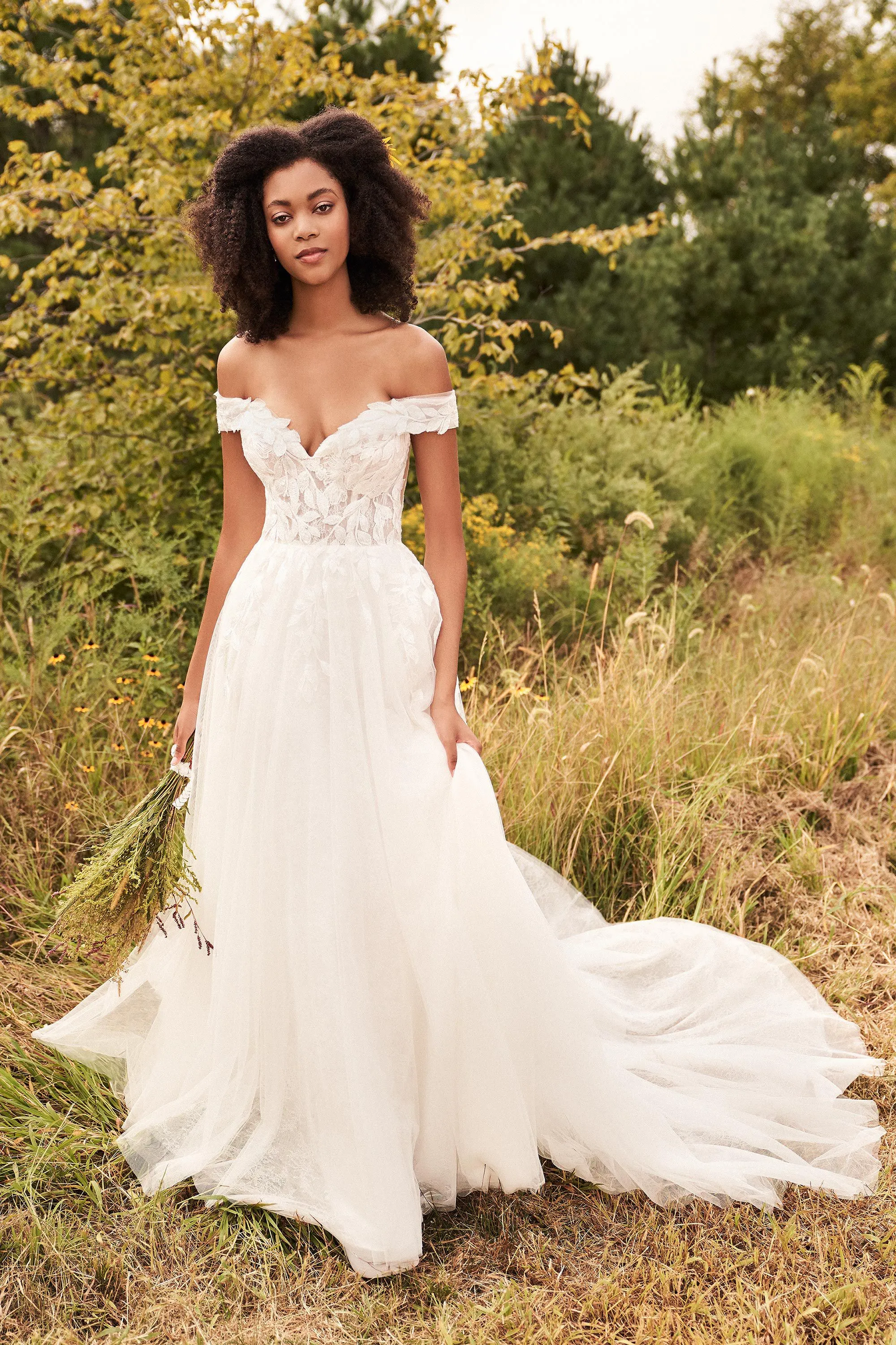66145: Off The Shoulder A-Line Dress with Allover Beaded Lace