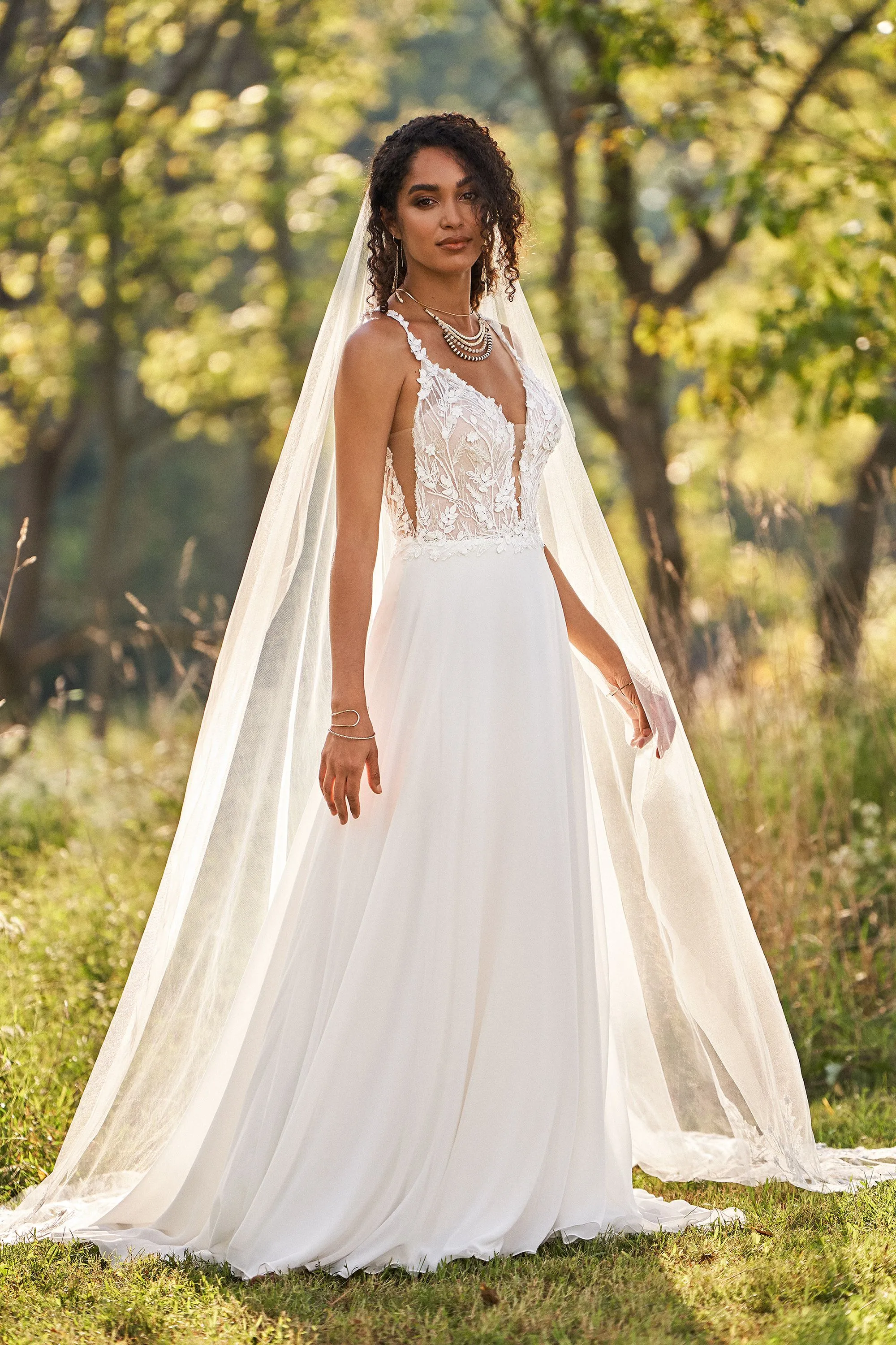Lillian West Style 66231 Chiffon A-Line Bridal Dress with Low Back and Beaded 3D Appliqués