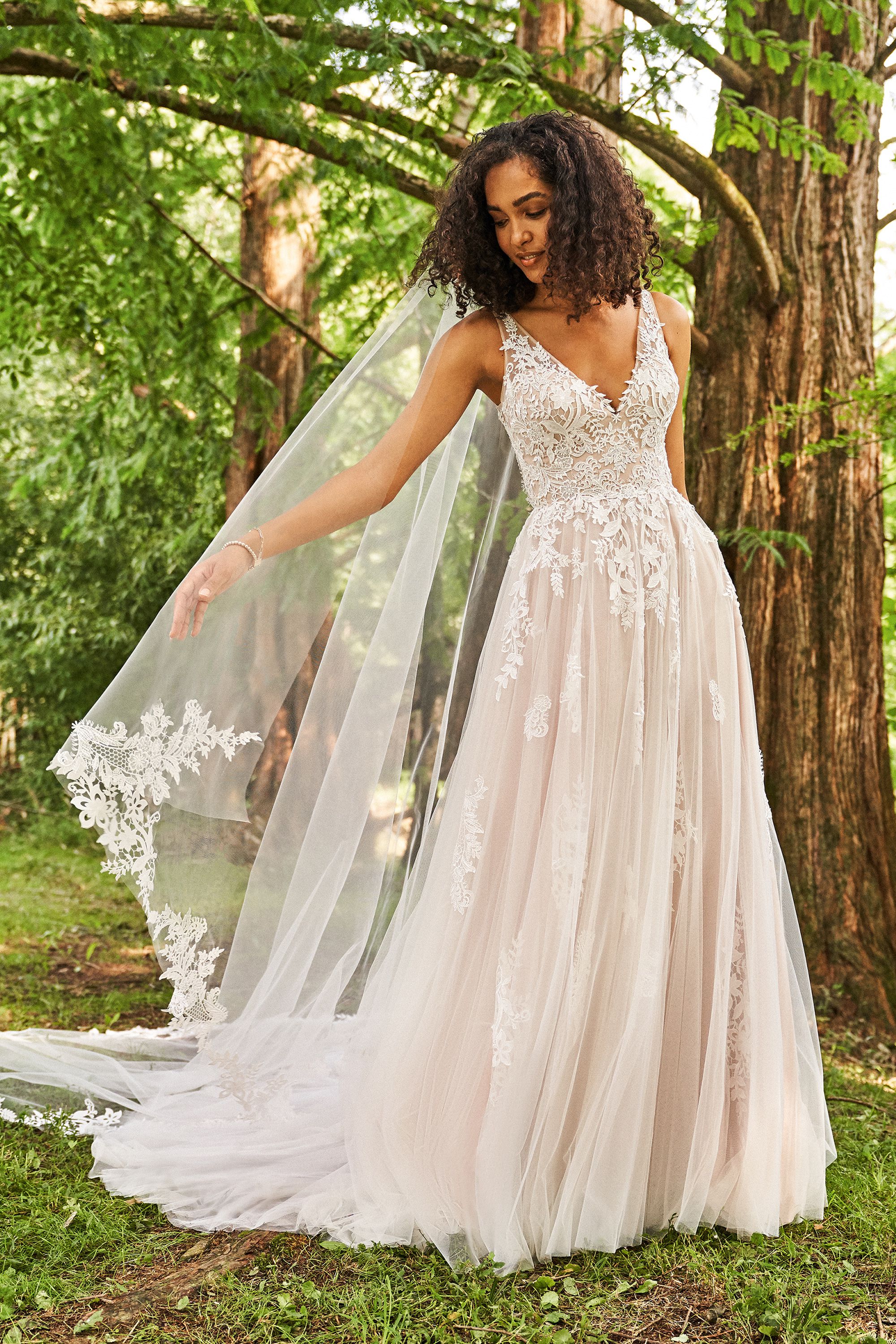 66235: Tulle A-Line Gown with Embroidered Laser Cut Chiffon