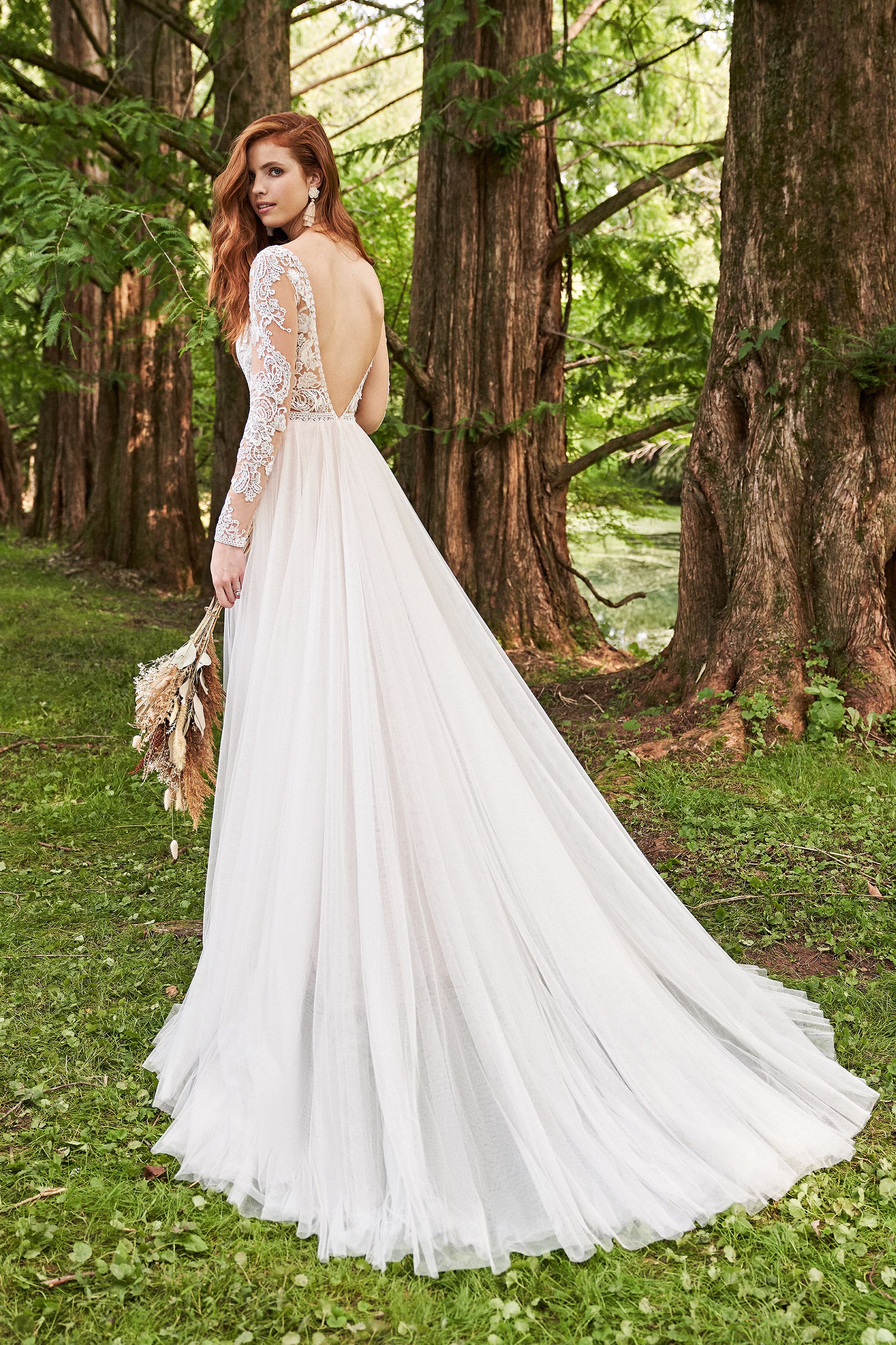 Lillian West Style 66237 Long Sleeve English Net A-Line Bridal Dress with Low Back