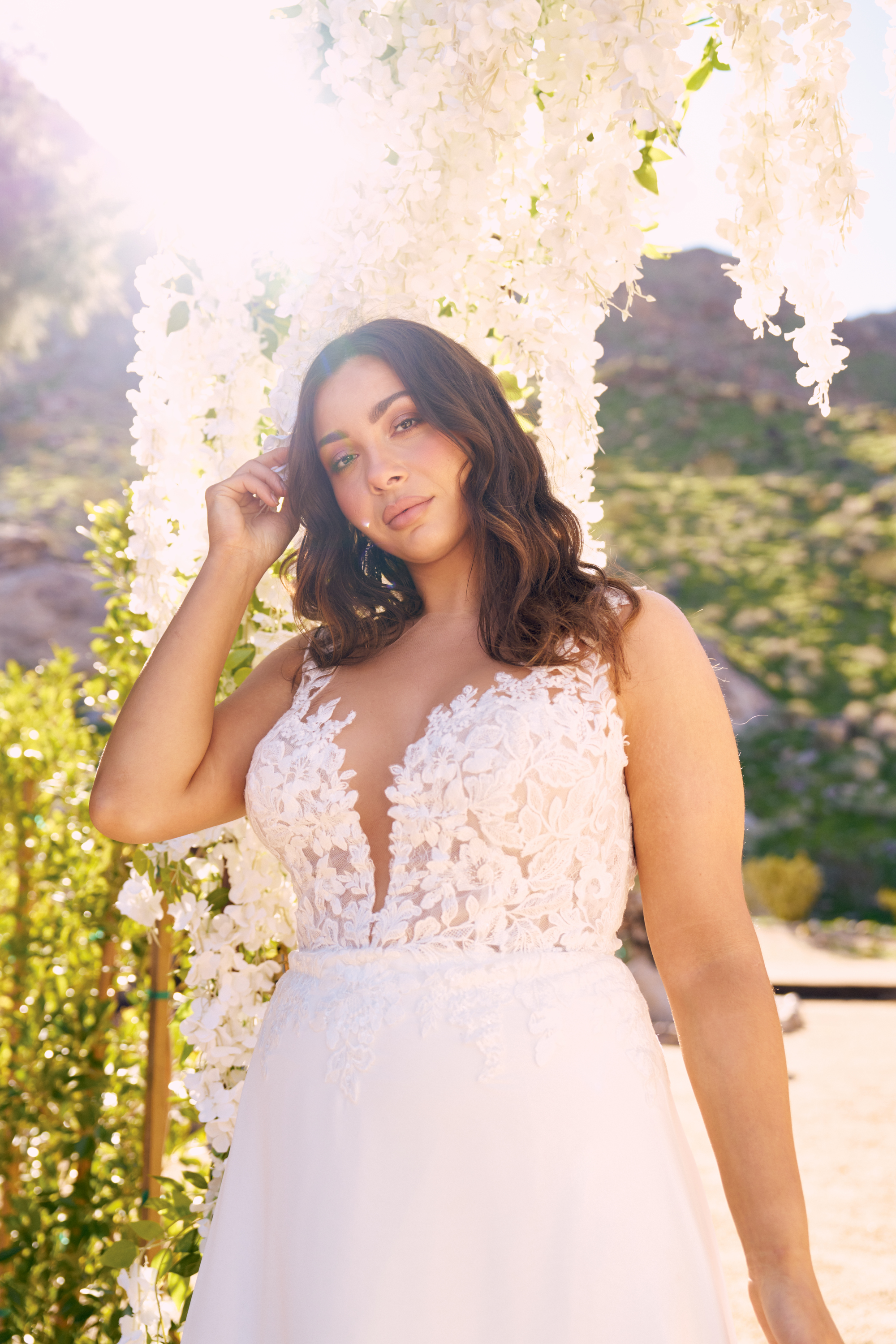 Lillian West Style 66240PS Illusion Sabrina Neckline Plus Size Bridal Dress with Chiffon Skirt