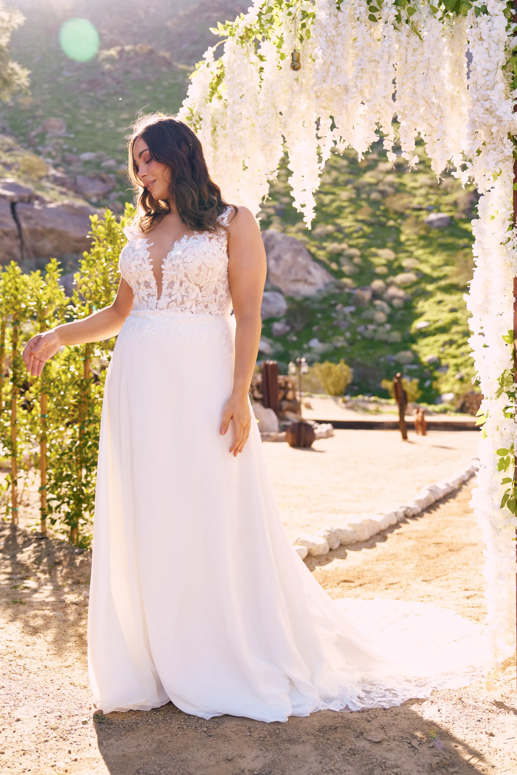 Lillian West Style 66240PS Illusion Sabrina Neckline Plus Size Bridal Dress with Chiffon Skirt