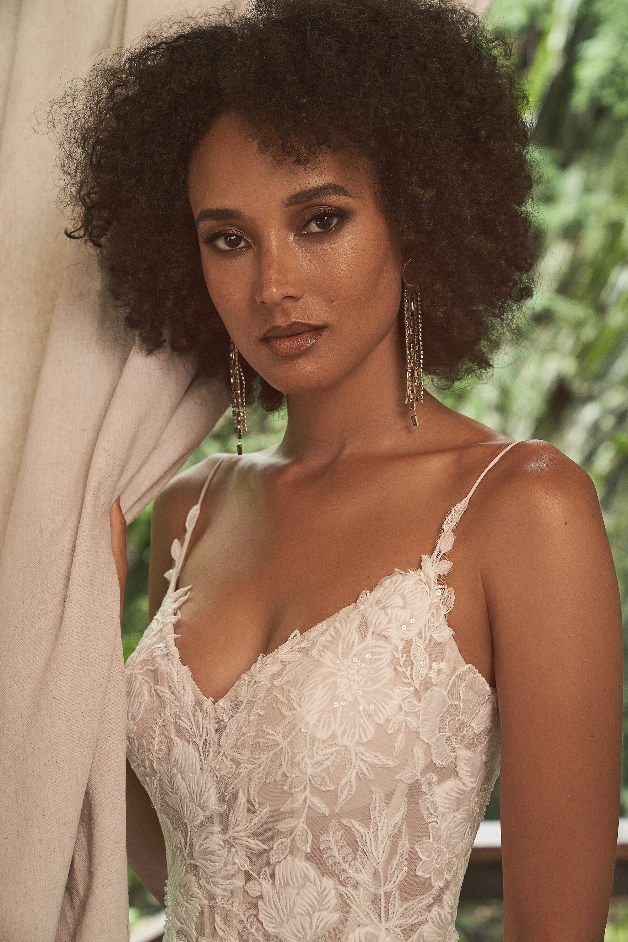 Lillian West Style 66275 Tulle A-Line Dress with Chiffon Appliqués and Bikini Neckline