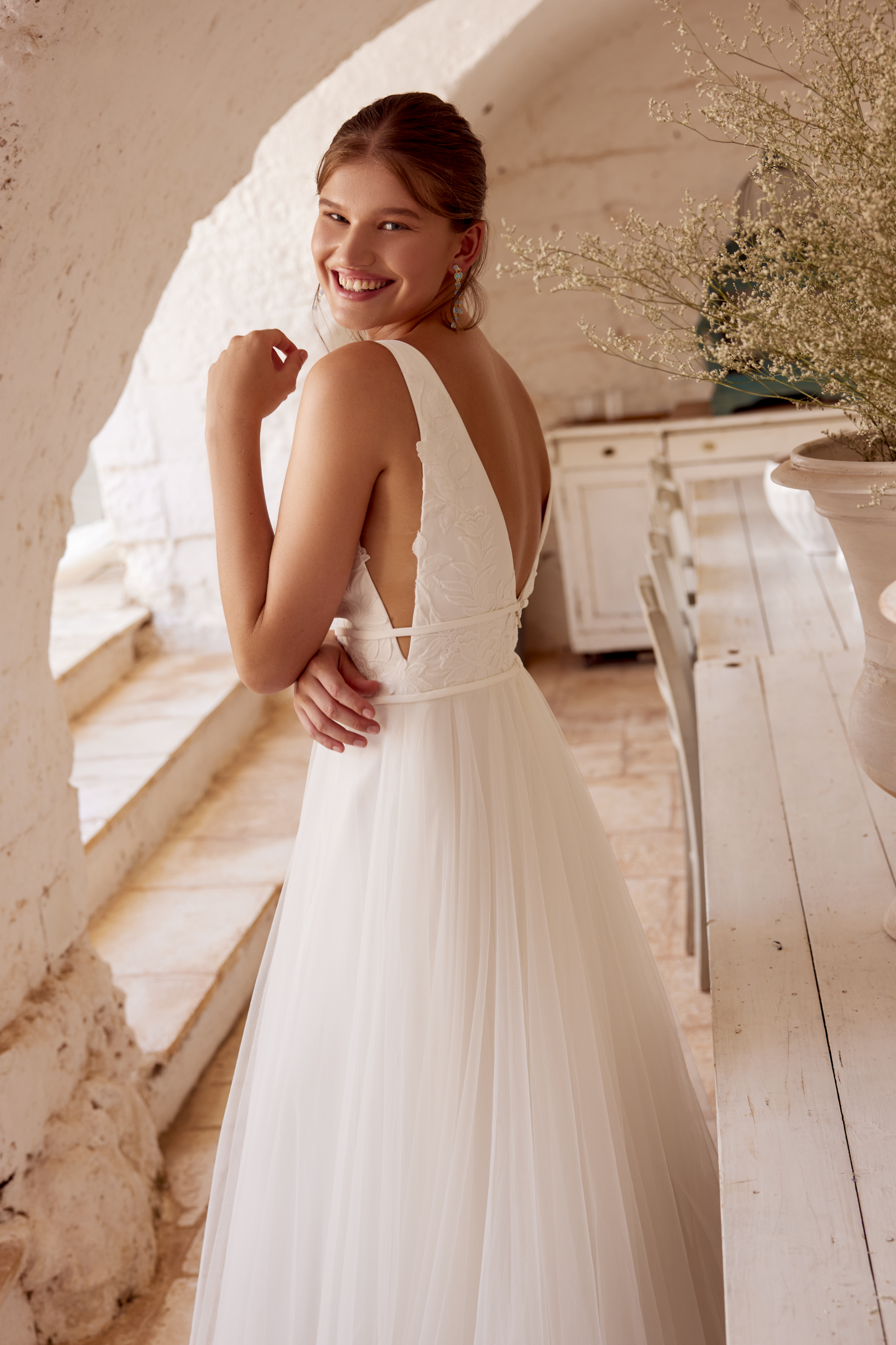 66155: Plunging V-Neck A-Line Dress with Illusion Bodice and Low