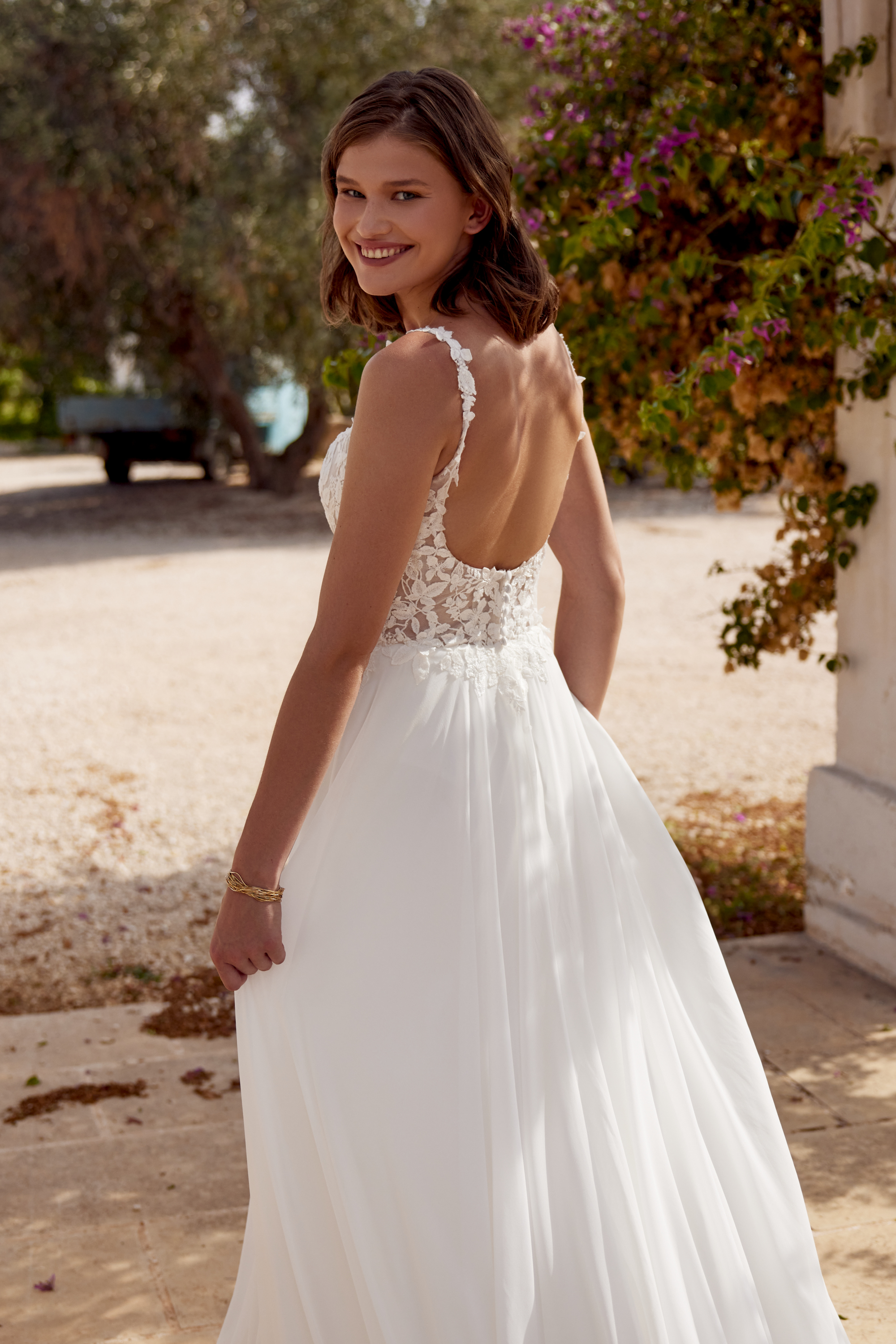 Lillian West Style 66391 Chiffon A-Line with Scoop Neckline and Matte Lace Appliqués