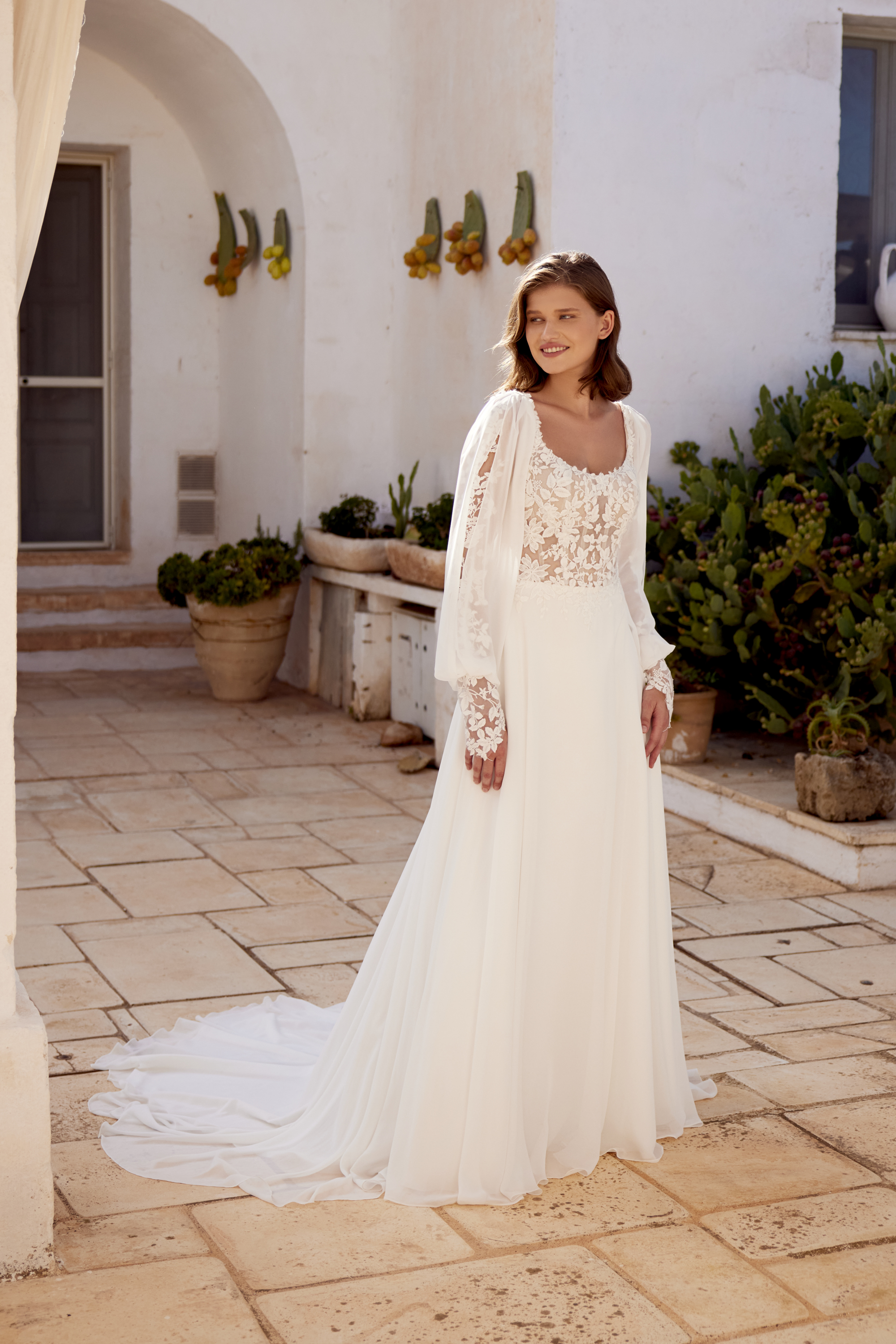 66391: Chiffon A-Line with Scoop Neckline and Matte Lace Appliqués