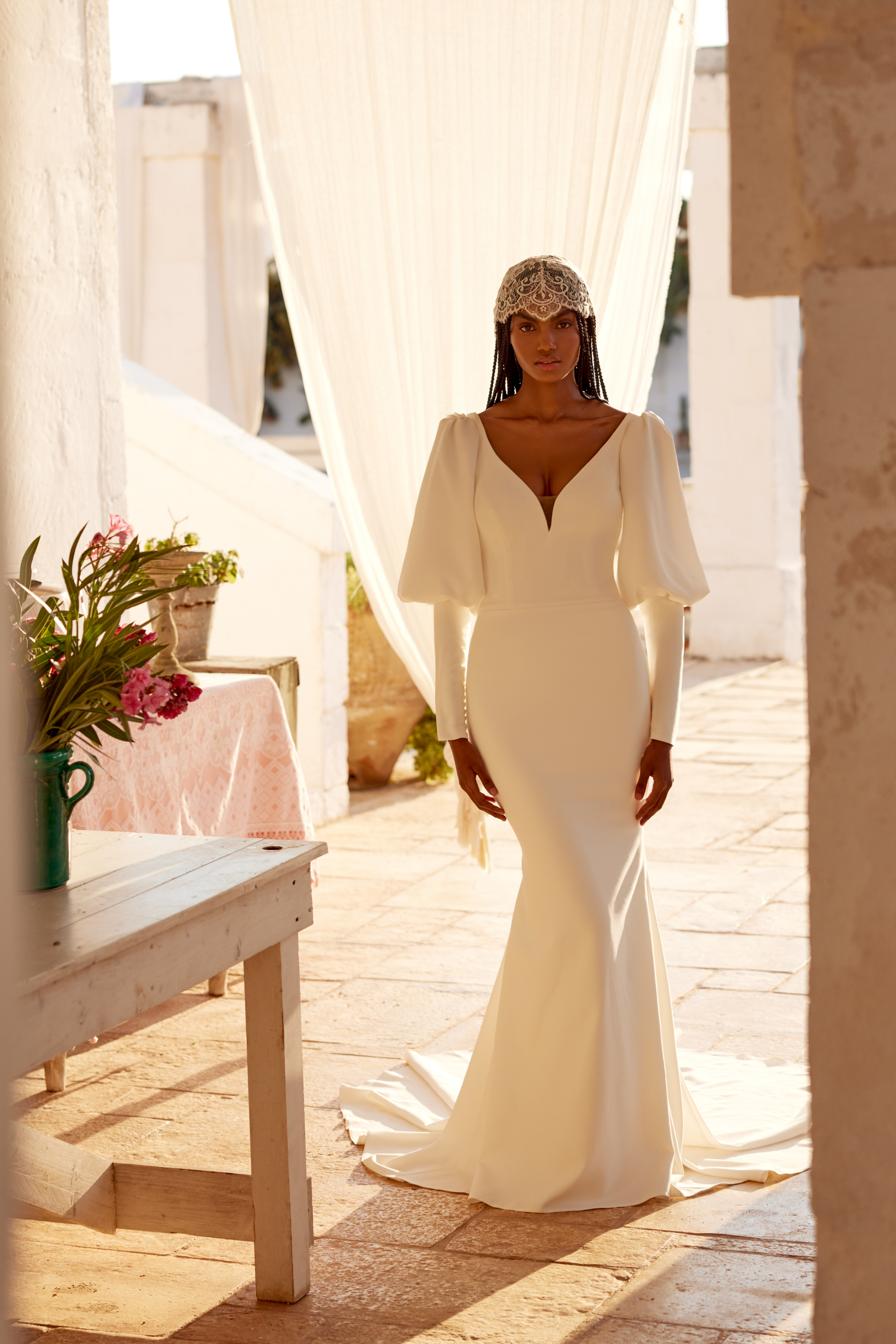 Lillian West Style 66394 Crepe Fit and Flare with V-Neck and Juliet Sleeves with Button Detail