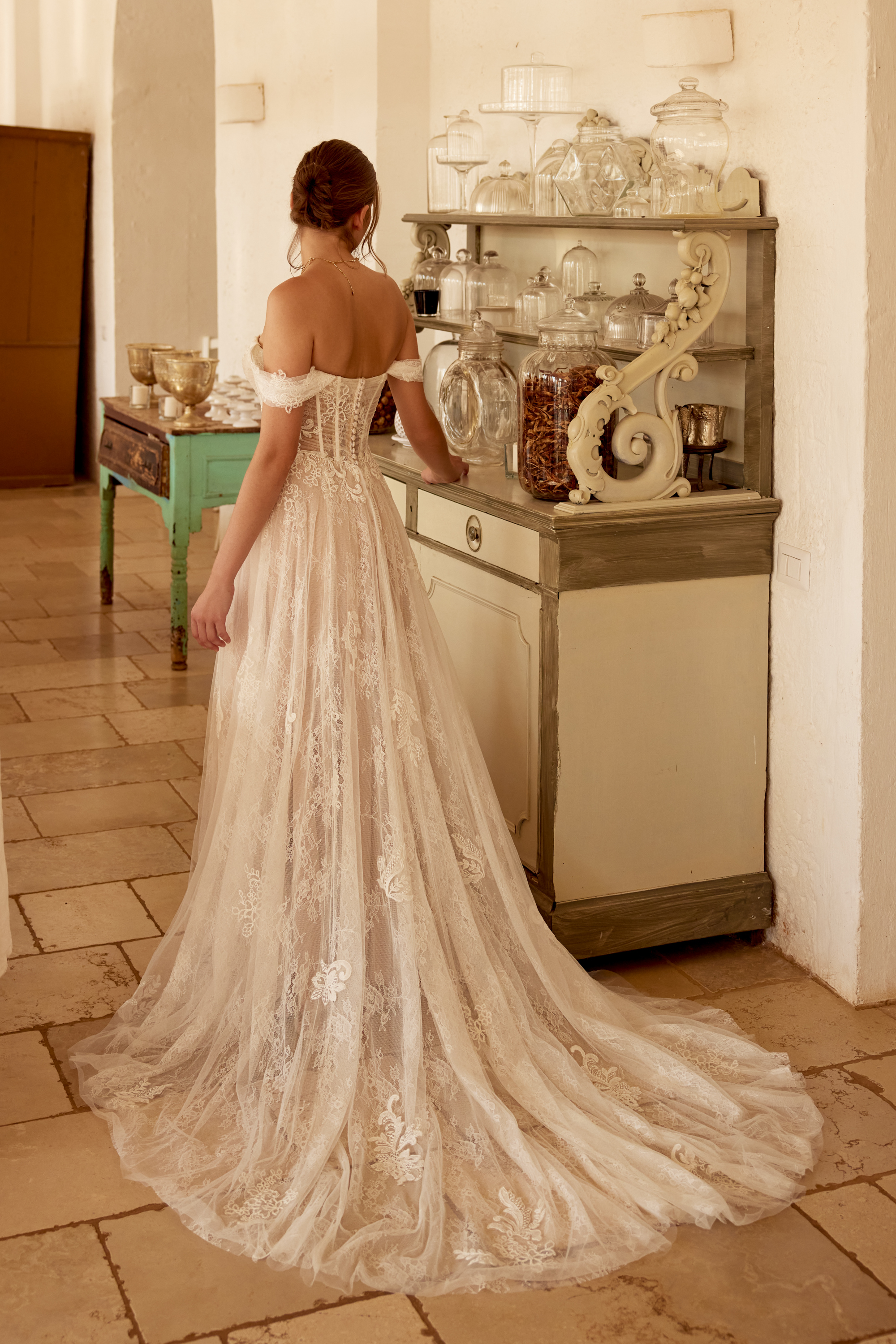 Lillian West Style 66395 Allover Chantilly Lace A-Line with Matte Lace Appliqués