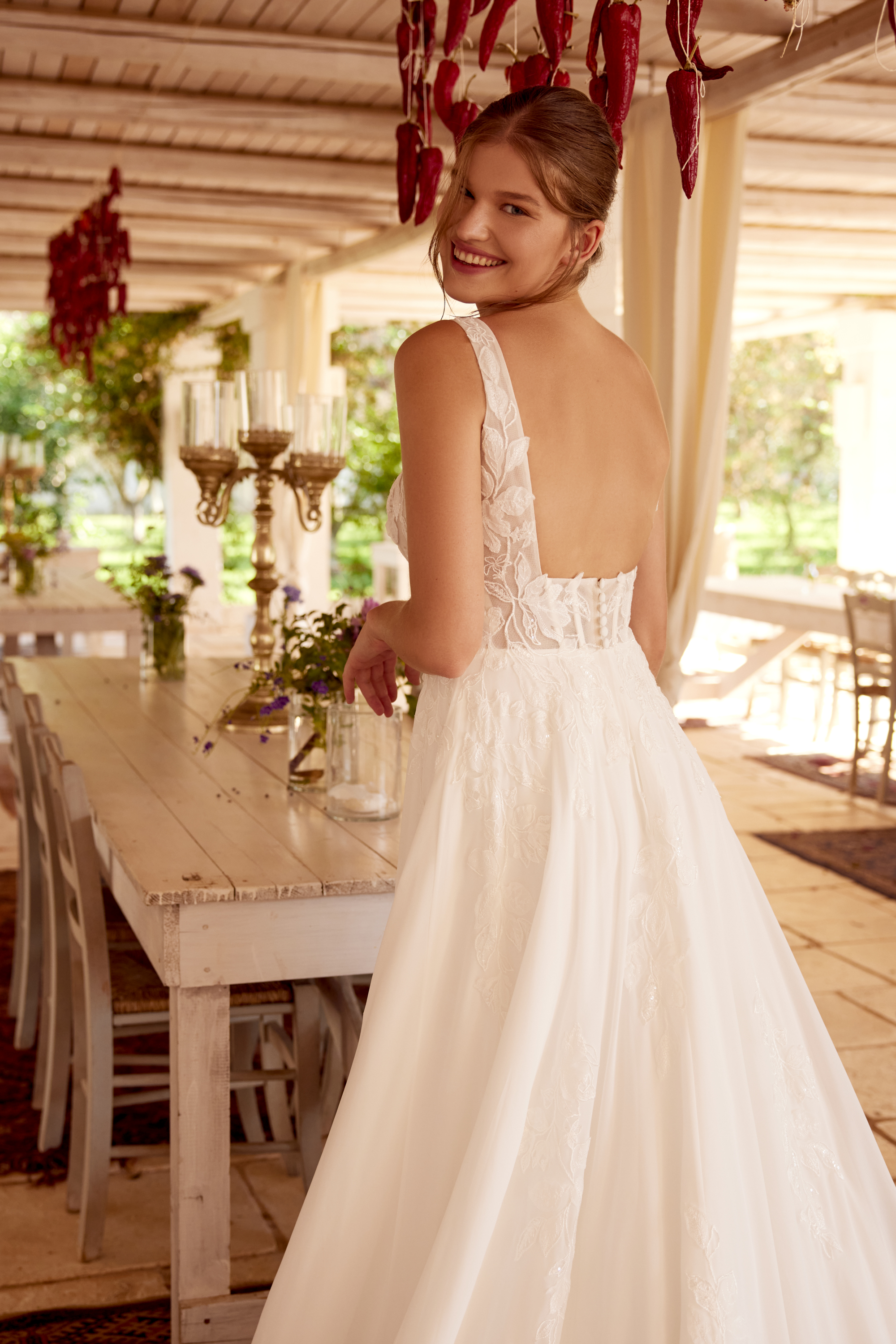 Lillian West Style 66396 Chiffon A-Line with Square Neckline and Sequined Lace Appliqués