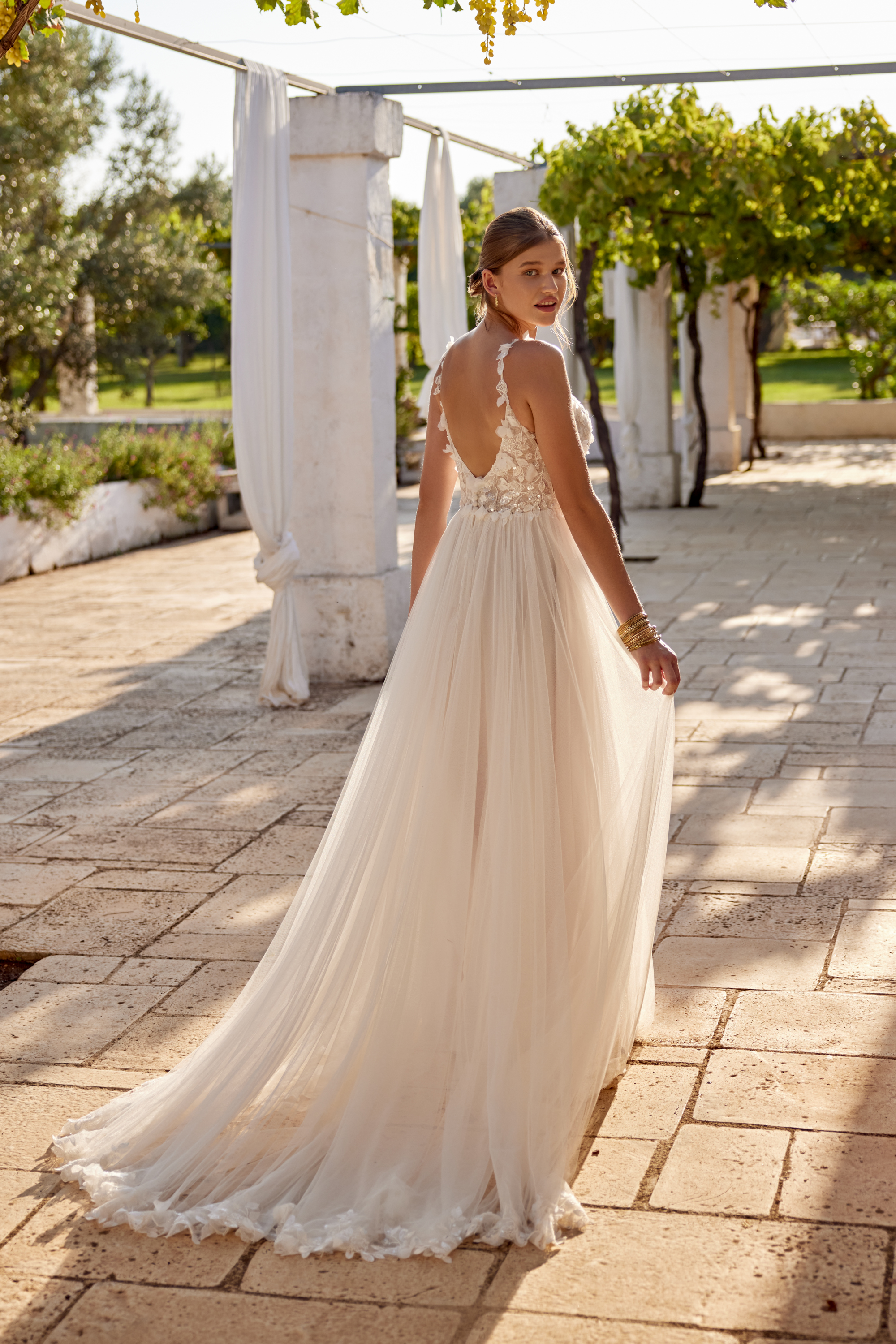 66368: Tulle A-Line Gown with Long Sleeves and High Illusion Back
