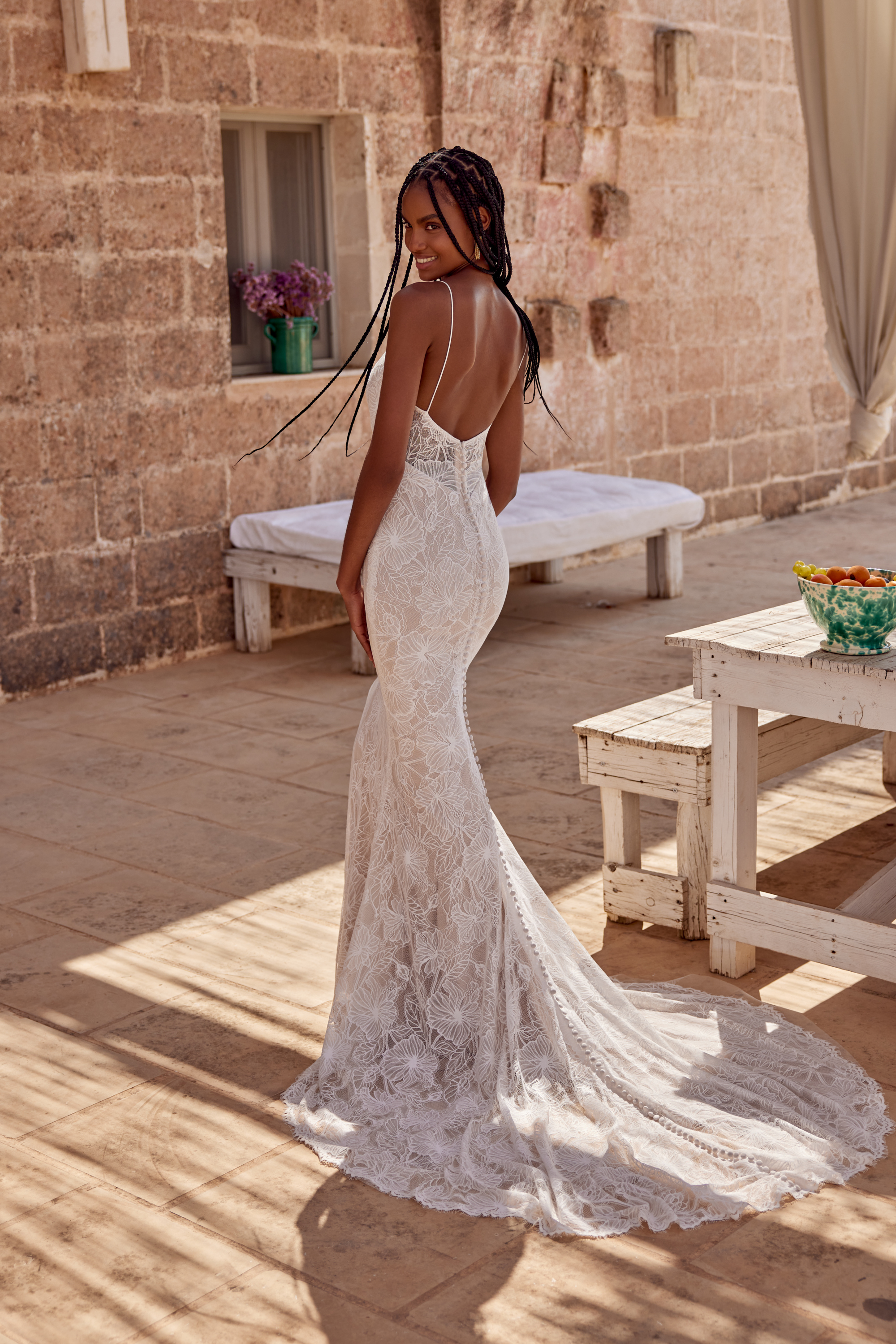 Lillian West Style 66403 Lace Fit and Flare with Bikini Neckline and Ruched Bodice